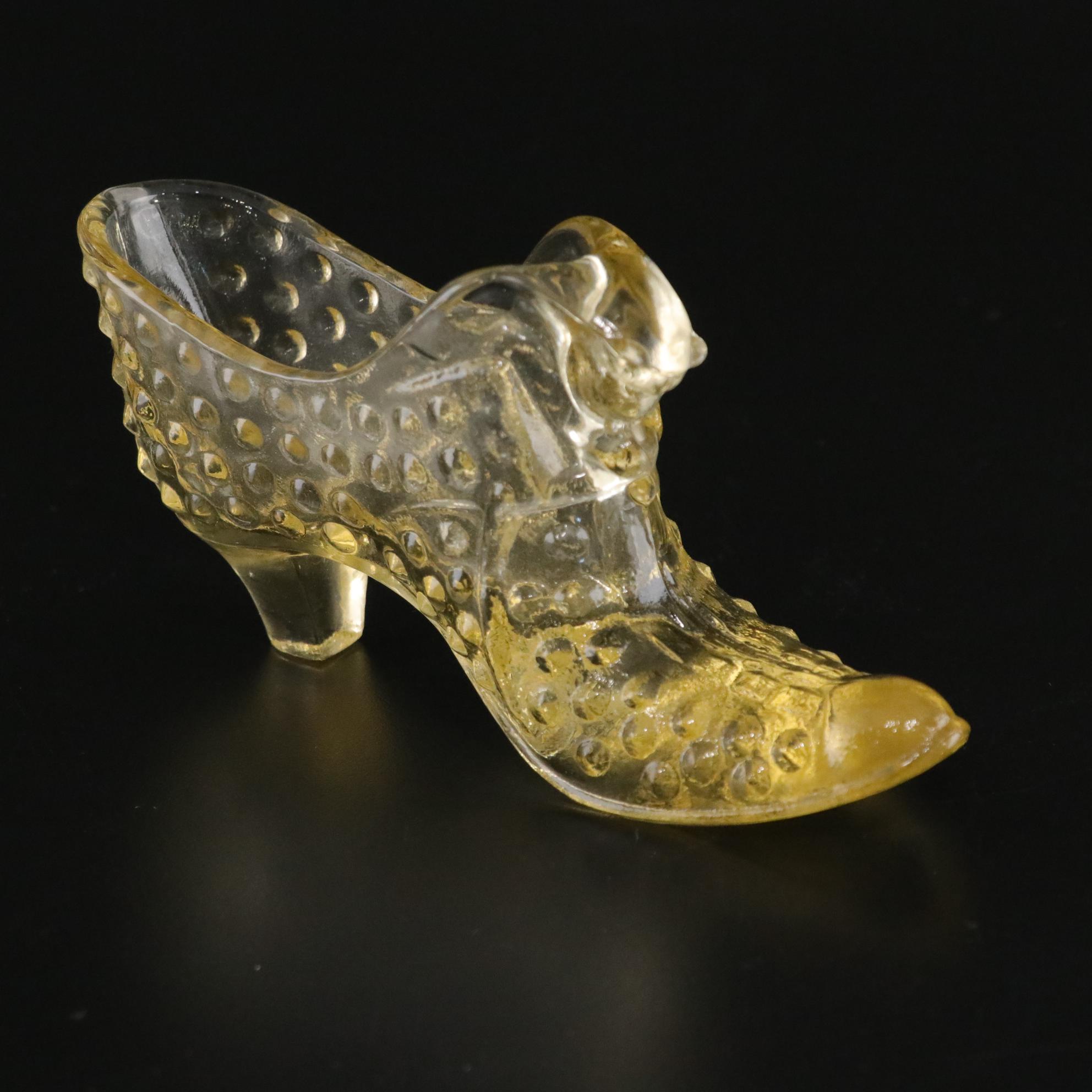 Fenton Yellow Hobnail Cat Head with Opalescent and Clear Glass Slippers