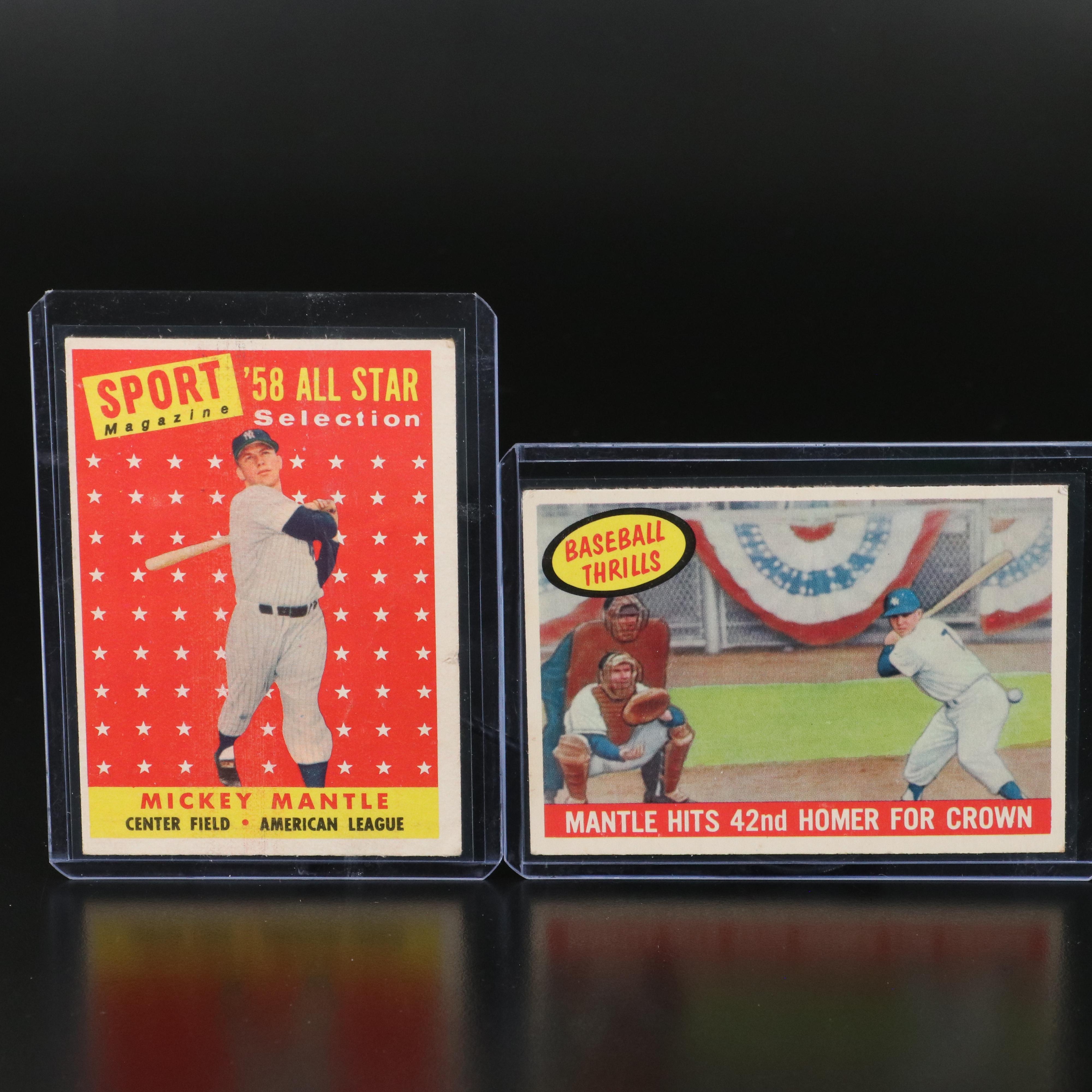 1958 Topps Mickey Mantle All-Star Card with 1959 Topps Baseball Thrills Card