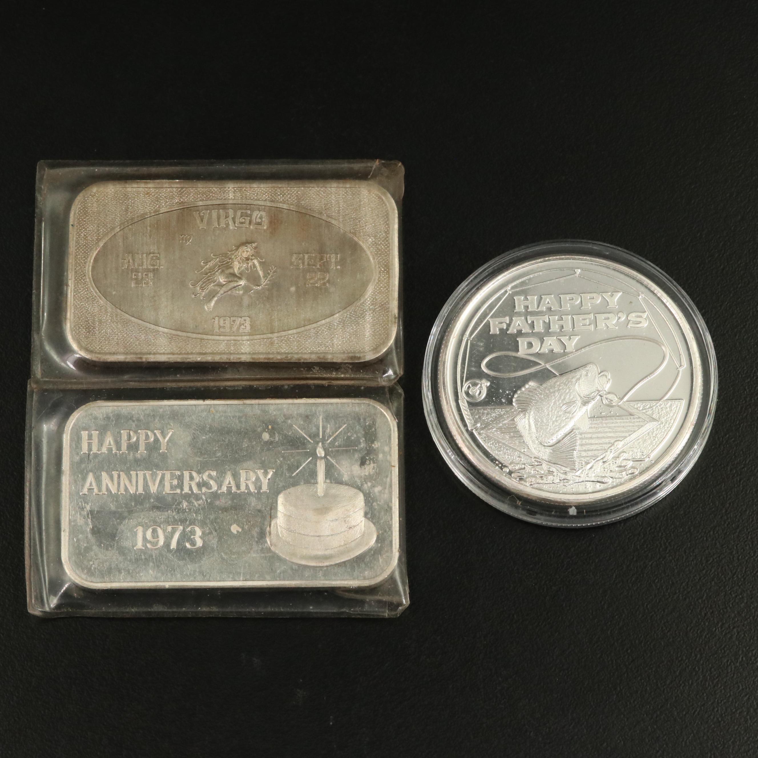 Six One Ounce Silver Bars and a Silver Round