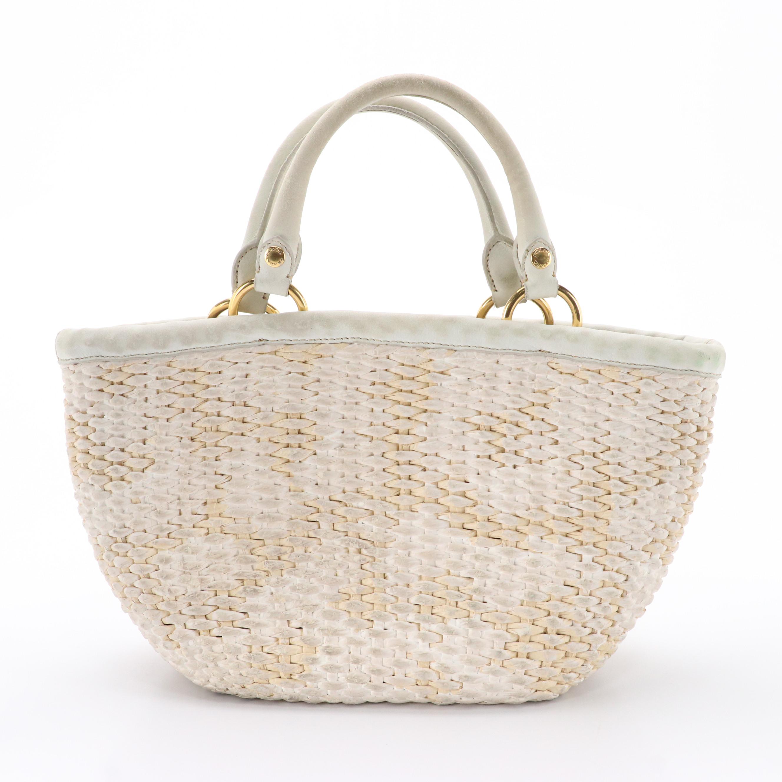Prada Woven Raffia Tote with Leather Trim
