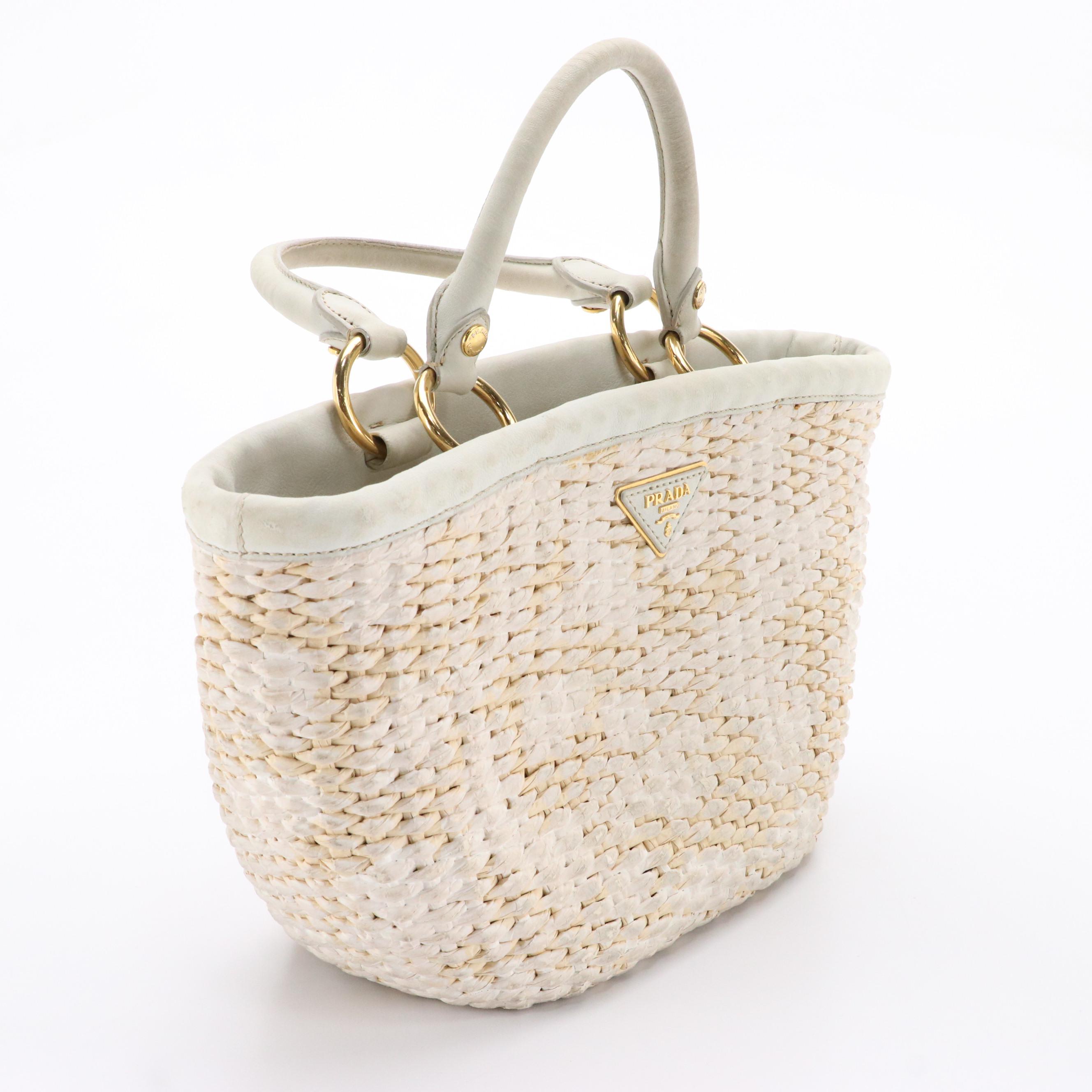 Prada Woven Raffia Tote with Leather Trim