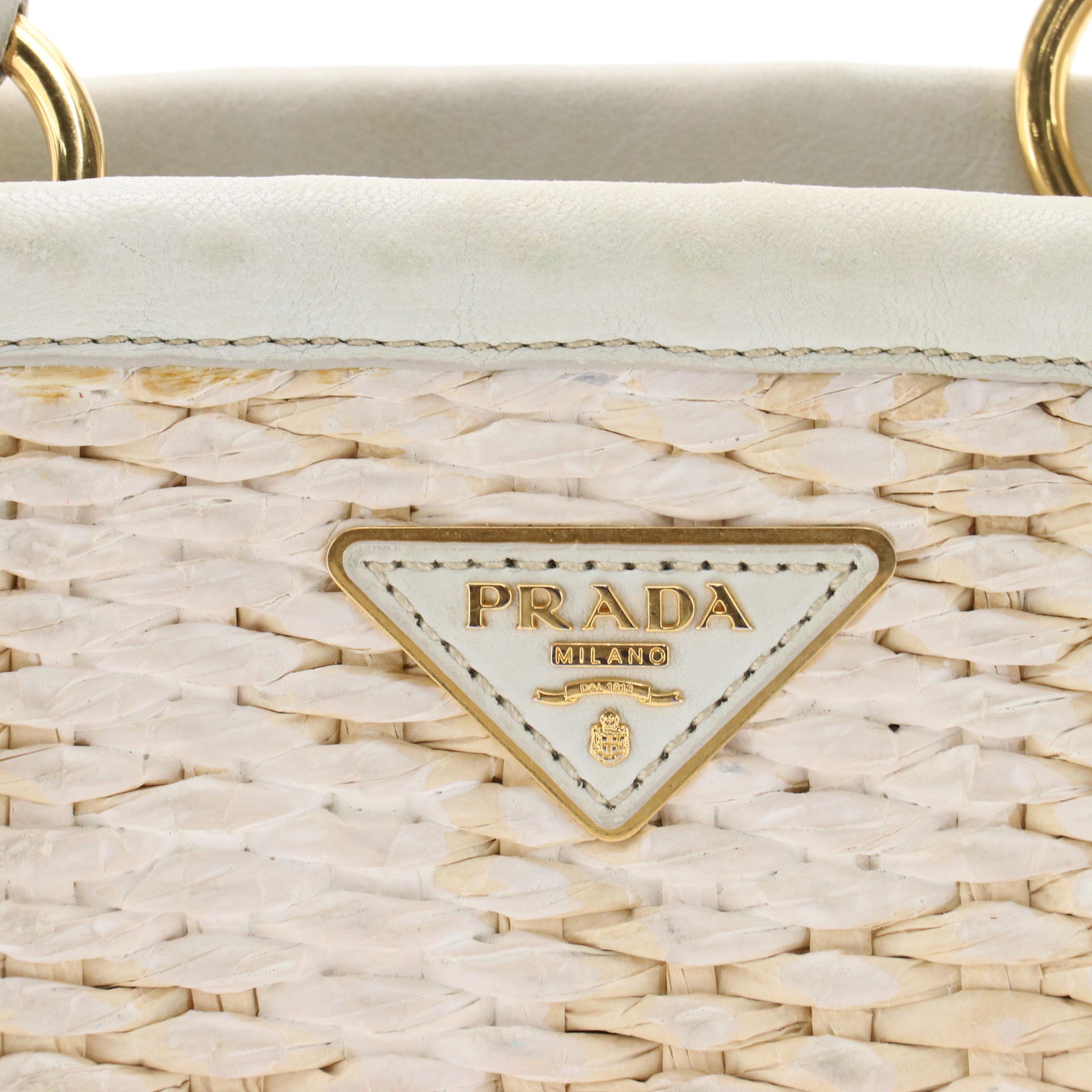 Prada Woven Raffia Tote with Leather Trim