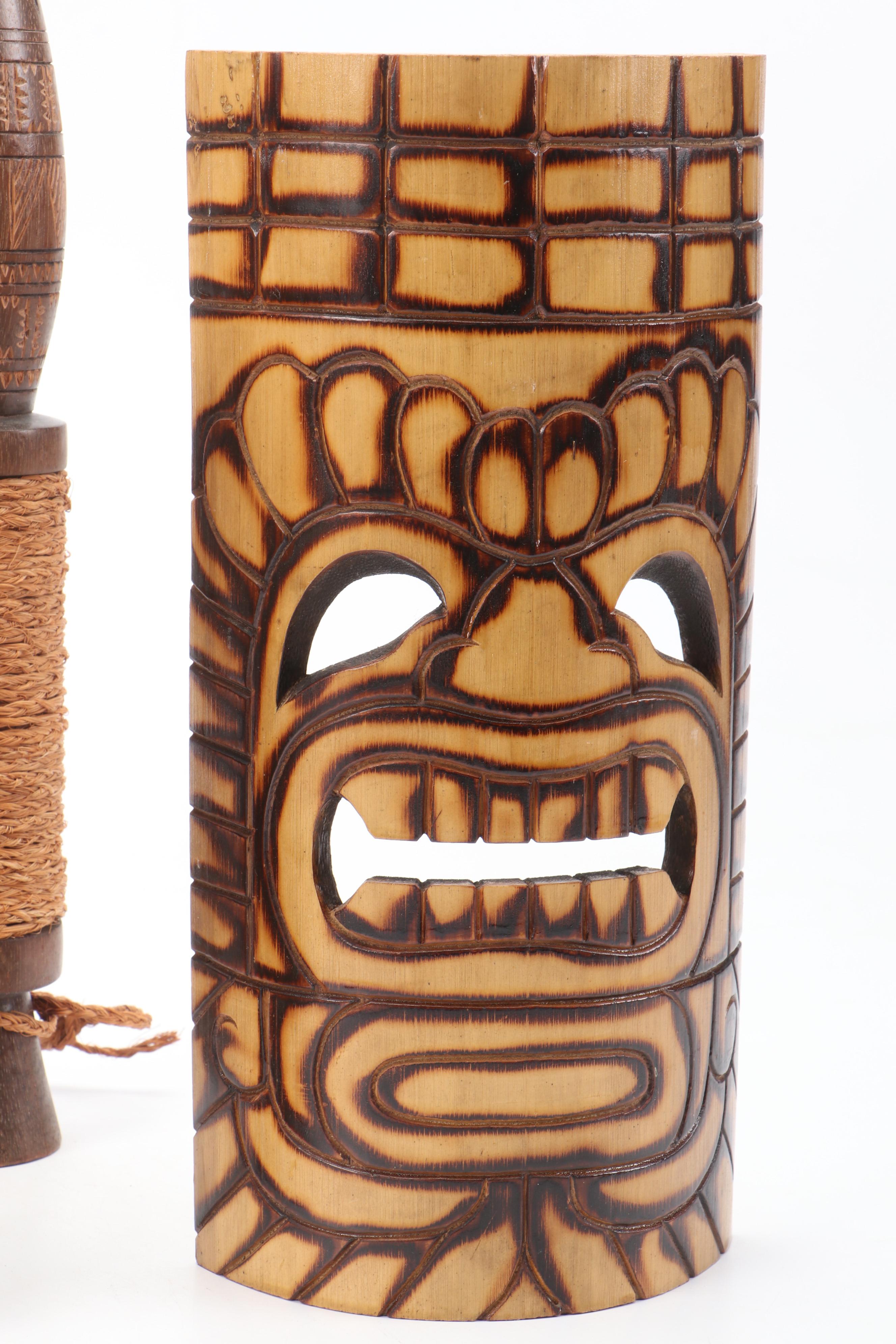 Hawaiian Carved Figure with Tiki Style and Other Wood Décor