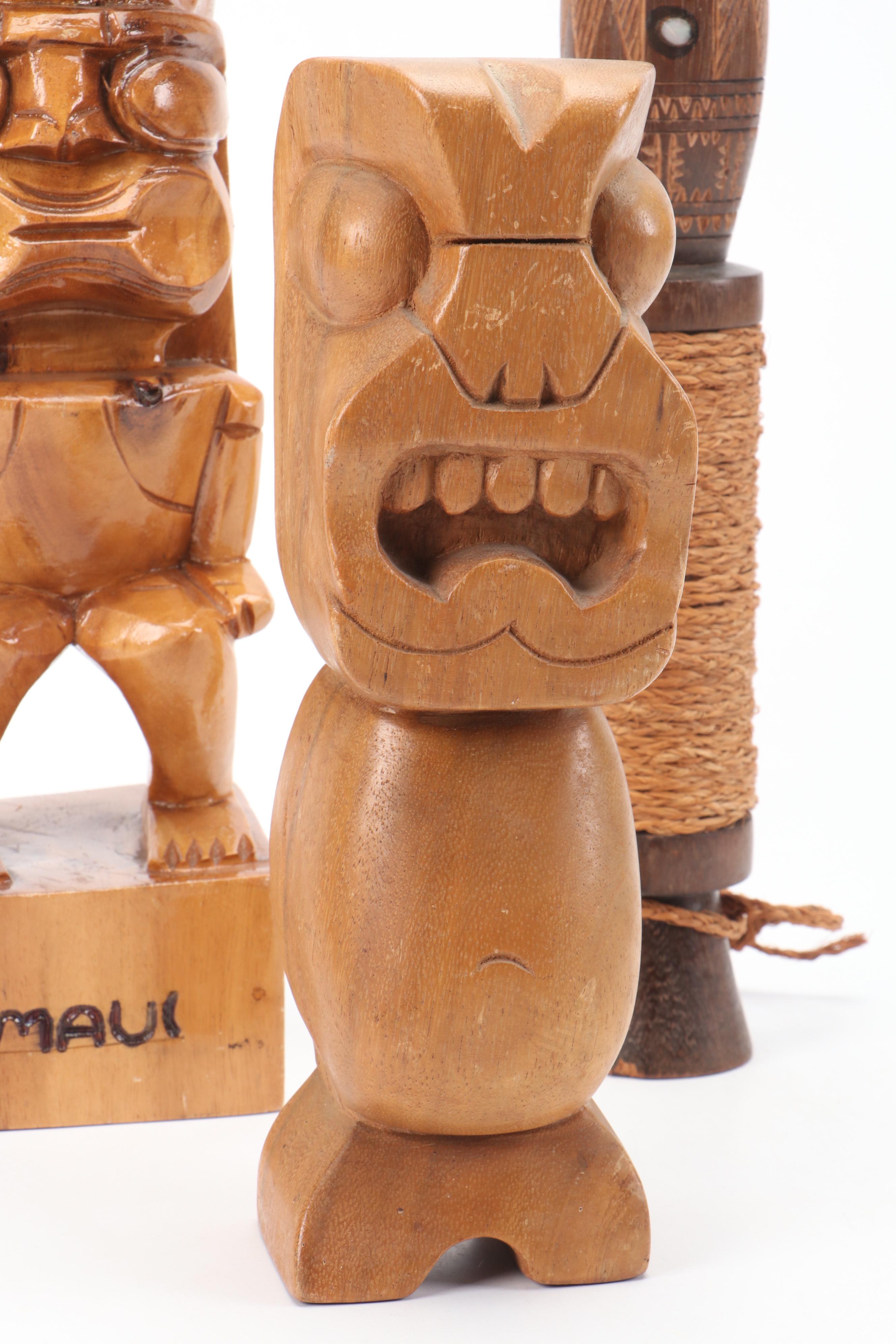 Hawaiian Carved Figure with Tiki Style and Other Wood Décor