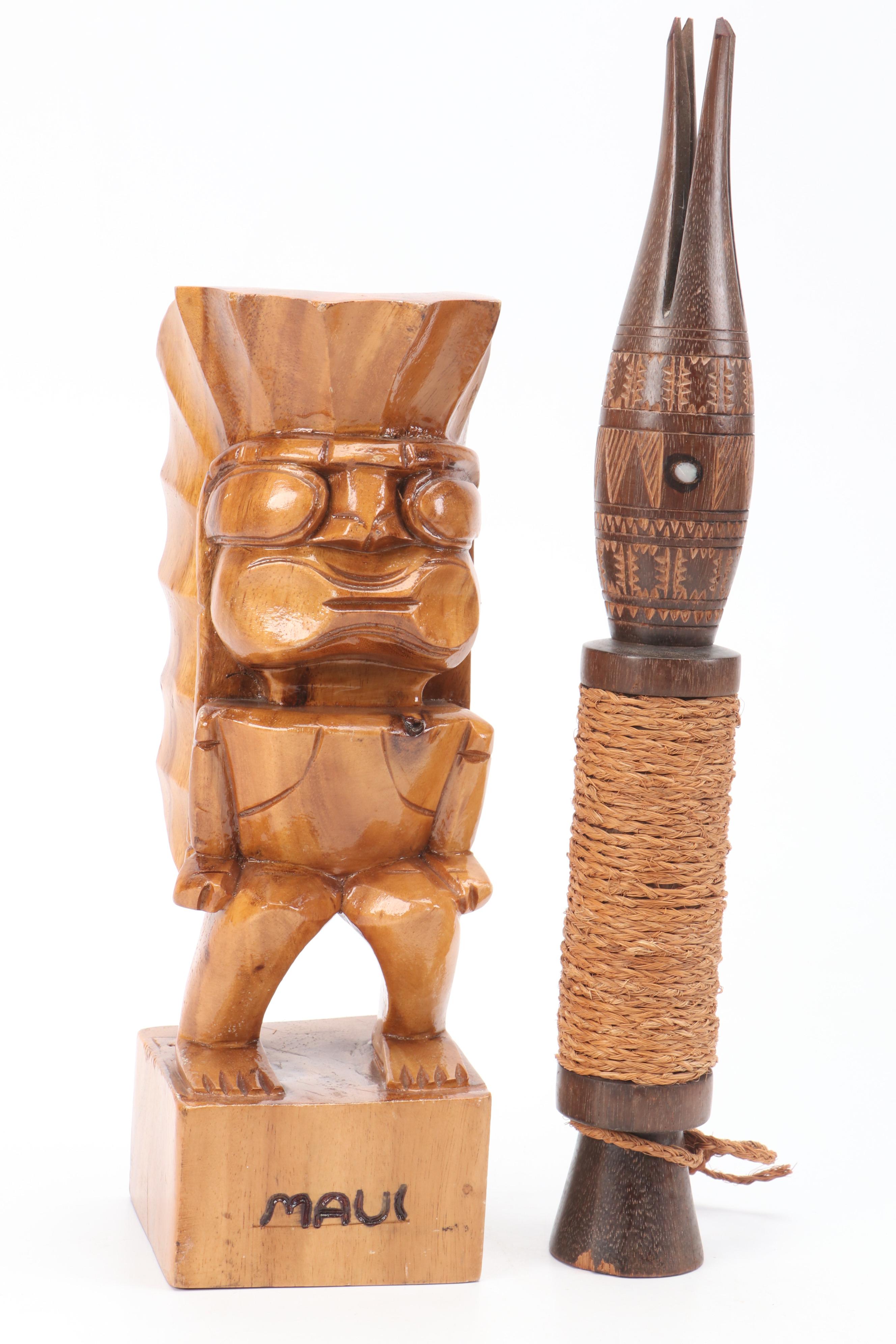 Hawaiian Carved Figure with Tiki Style and Other Wood Décor