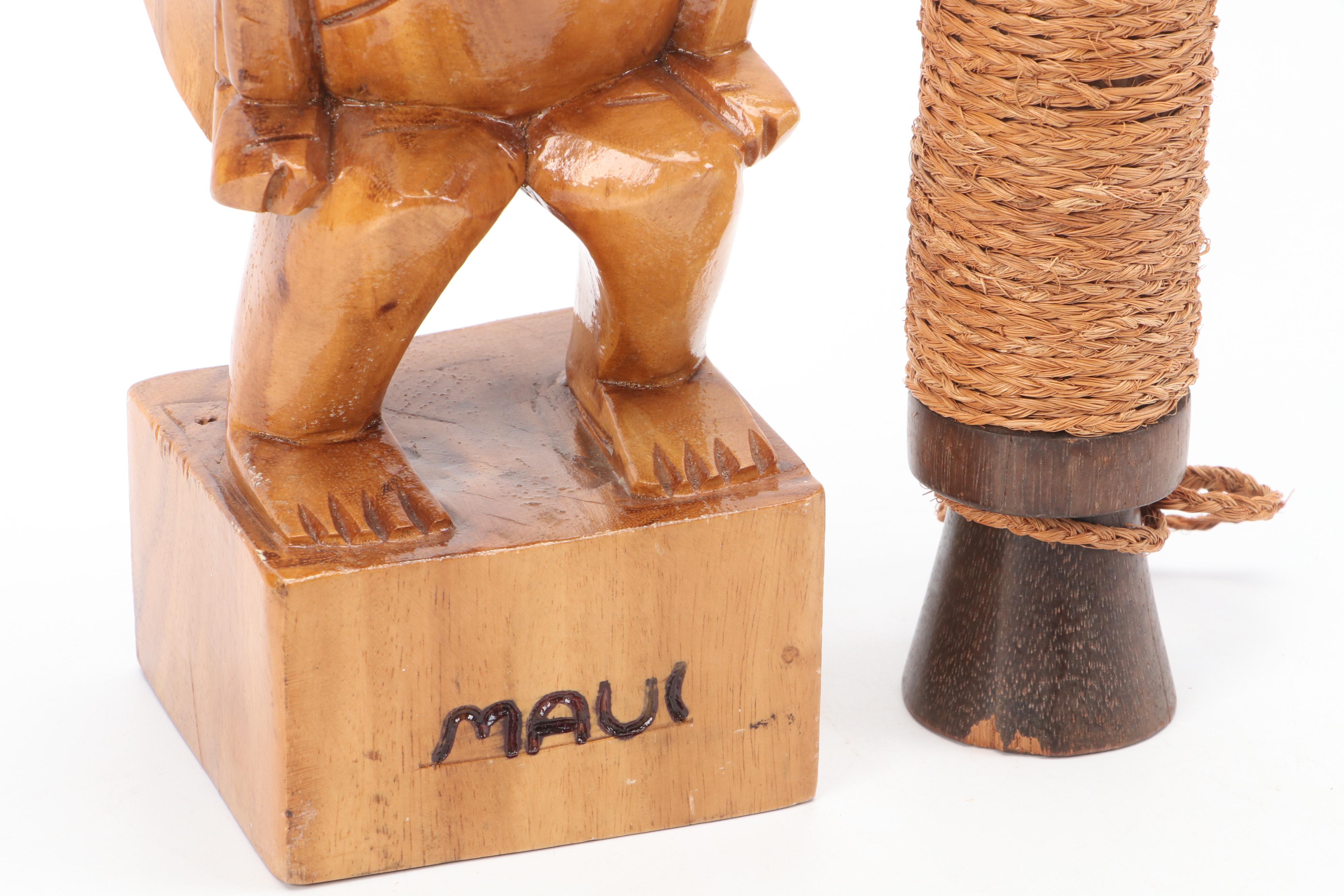 Hawaiian Carved Figure with Tiki Style and Other Wood Décor