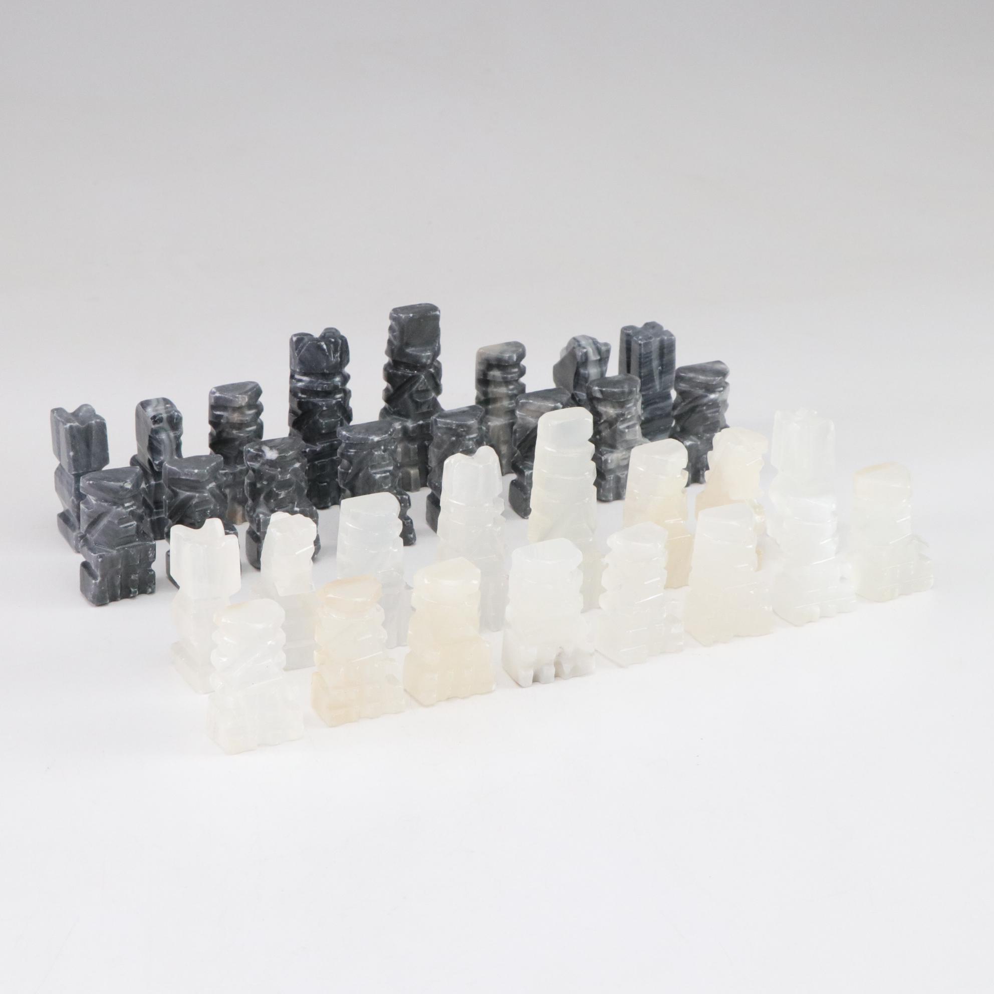 Aztec Style Carved Marble and Calcite Stone Chess Pieces, Full Set
