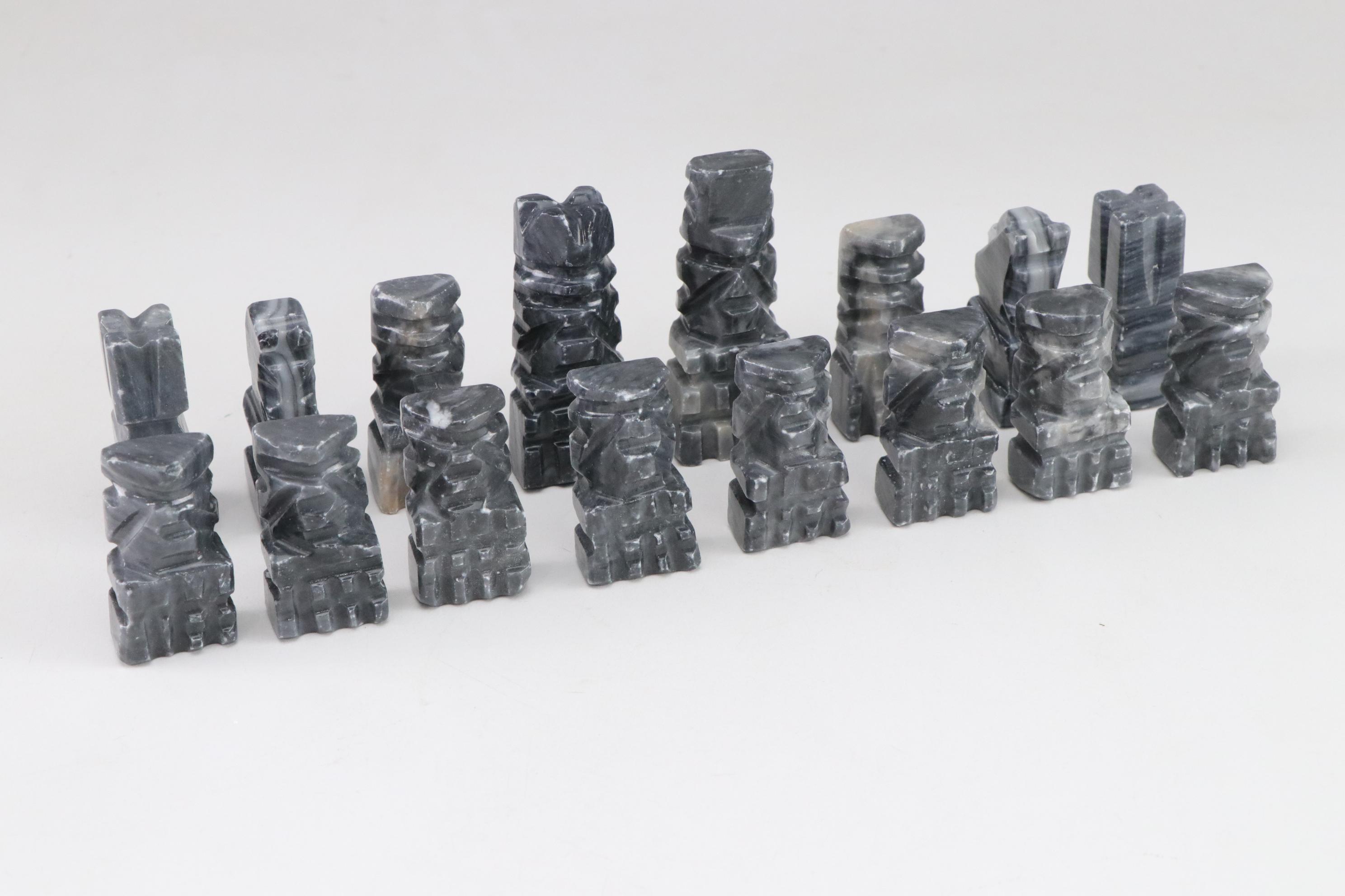 Aztec Style Carved Marble and Calcite Stone Chess Pieces, Full Set