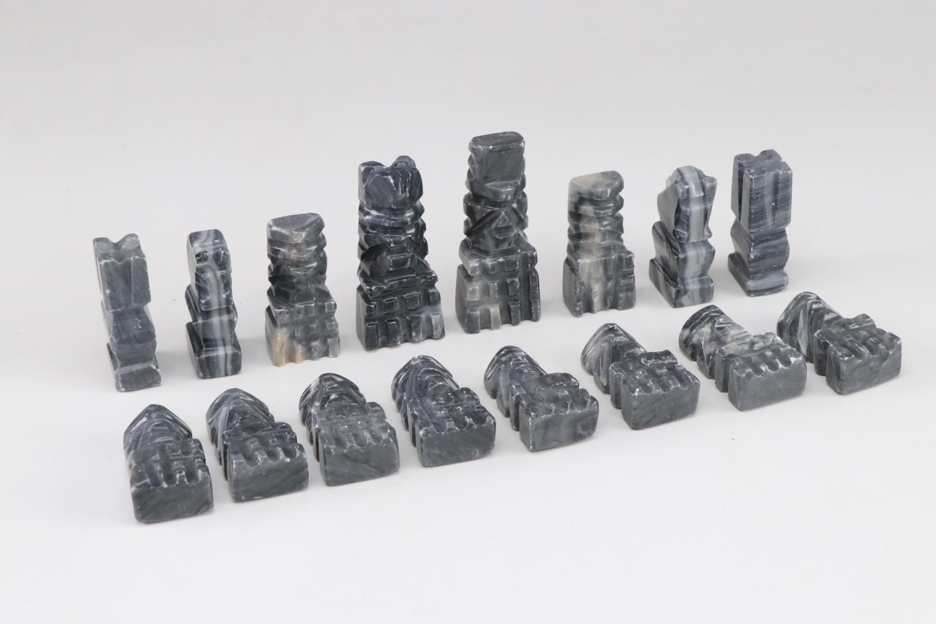 Aztec Style Carved Marble and Calcite Stone Chess Pieces, Full Set