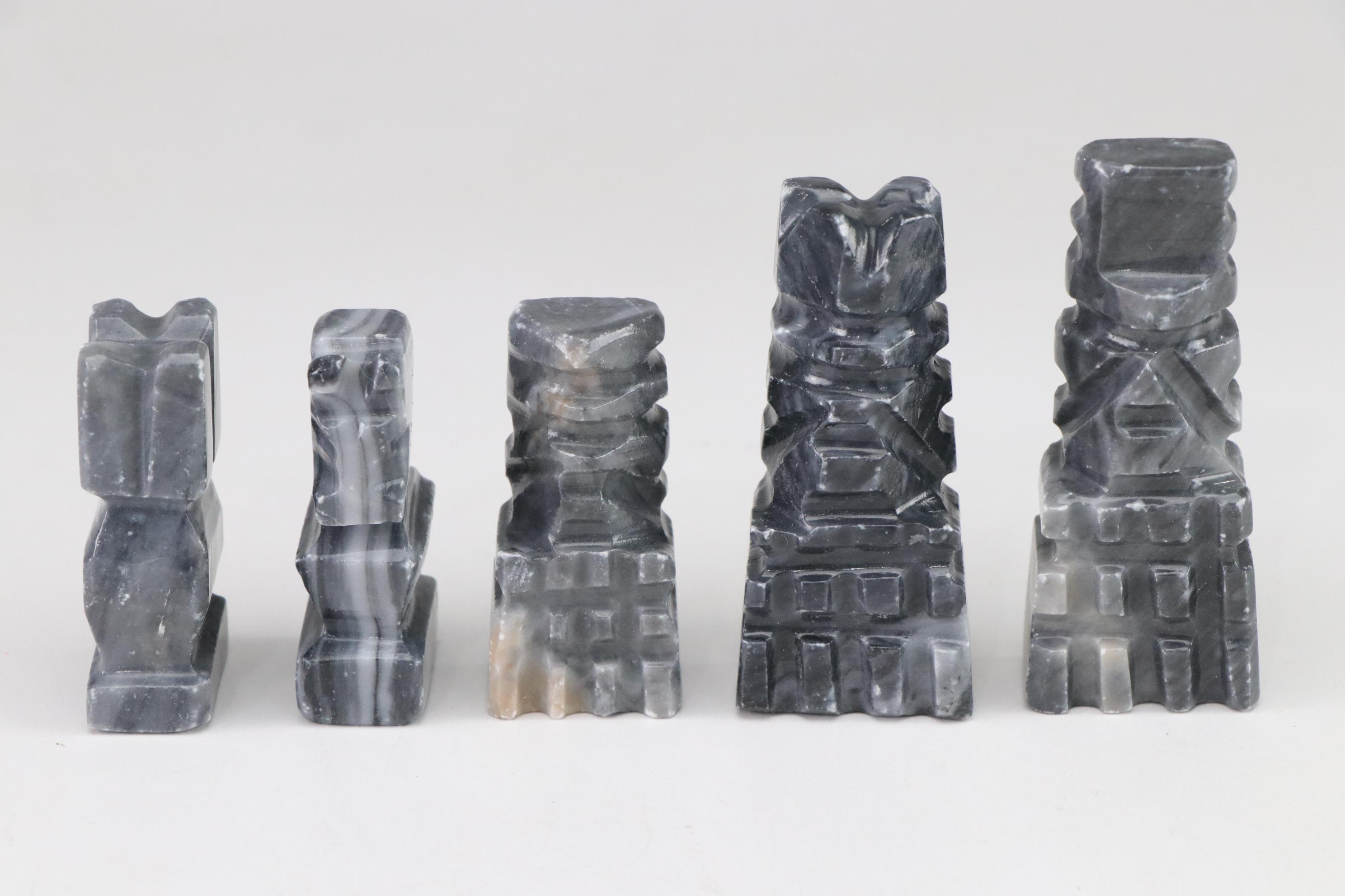 Aztec Style Carved Marble and Calcite Stone Chess Pieces, Full Set