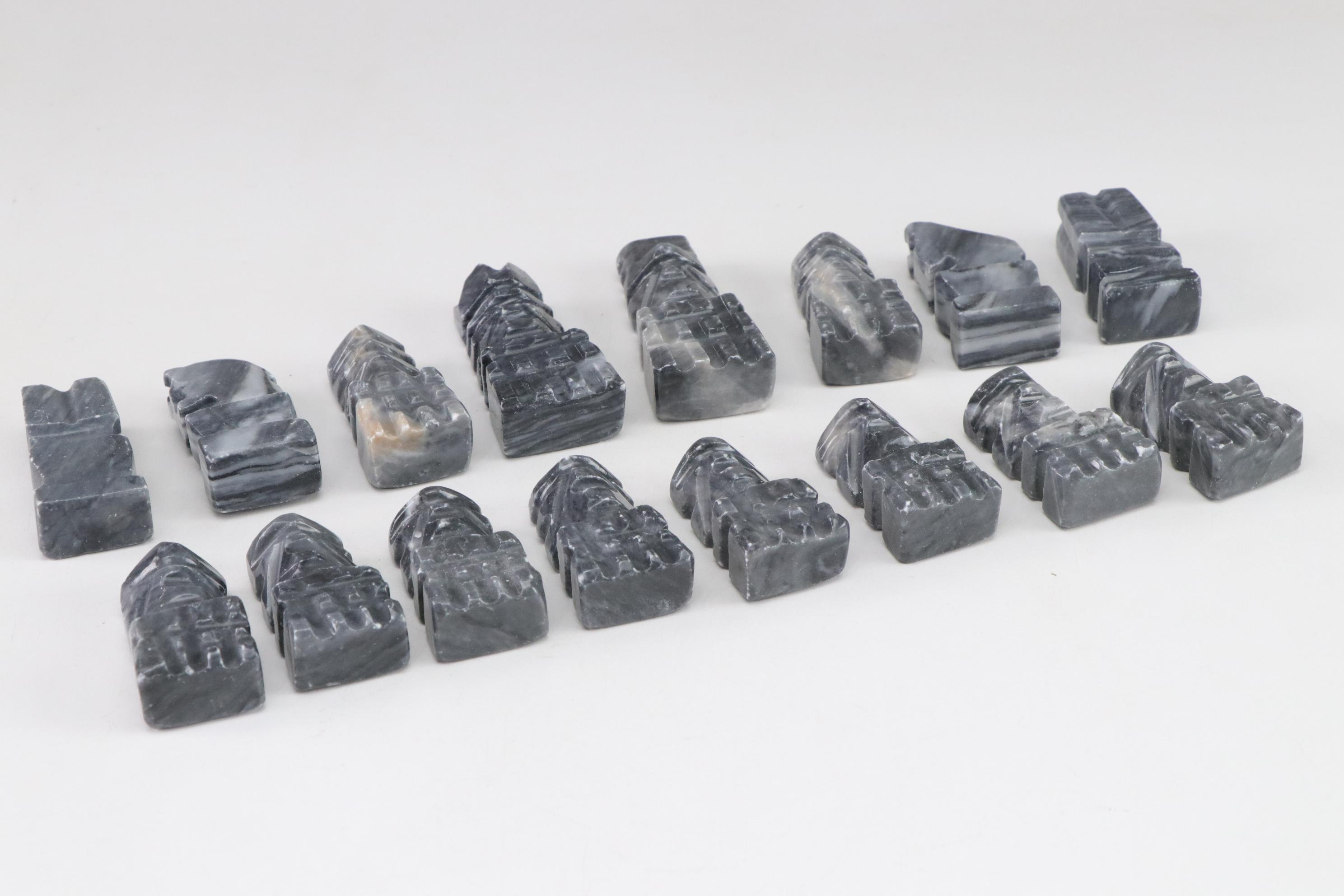 Aztec Style Carved Marble and Calcite Stone Chess Pieces, Full Set