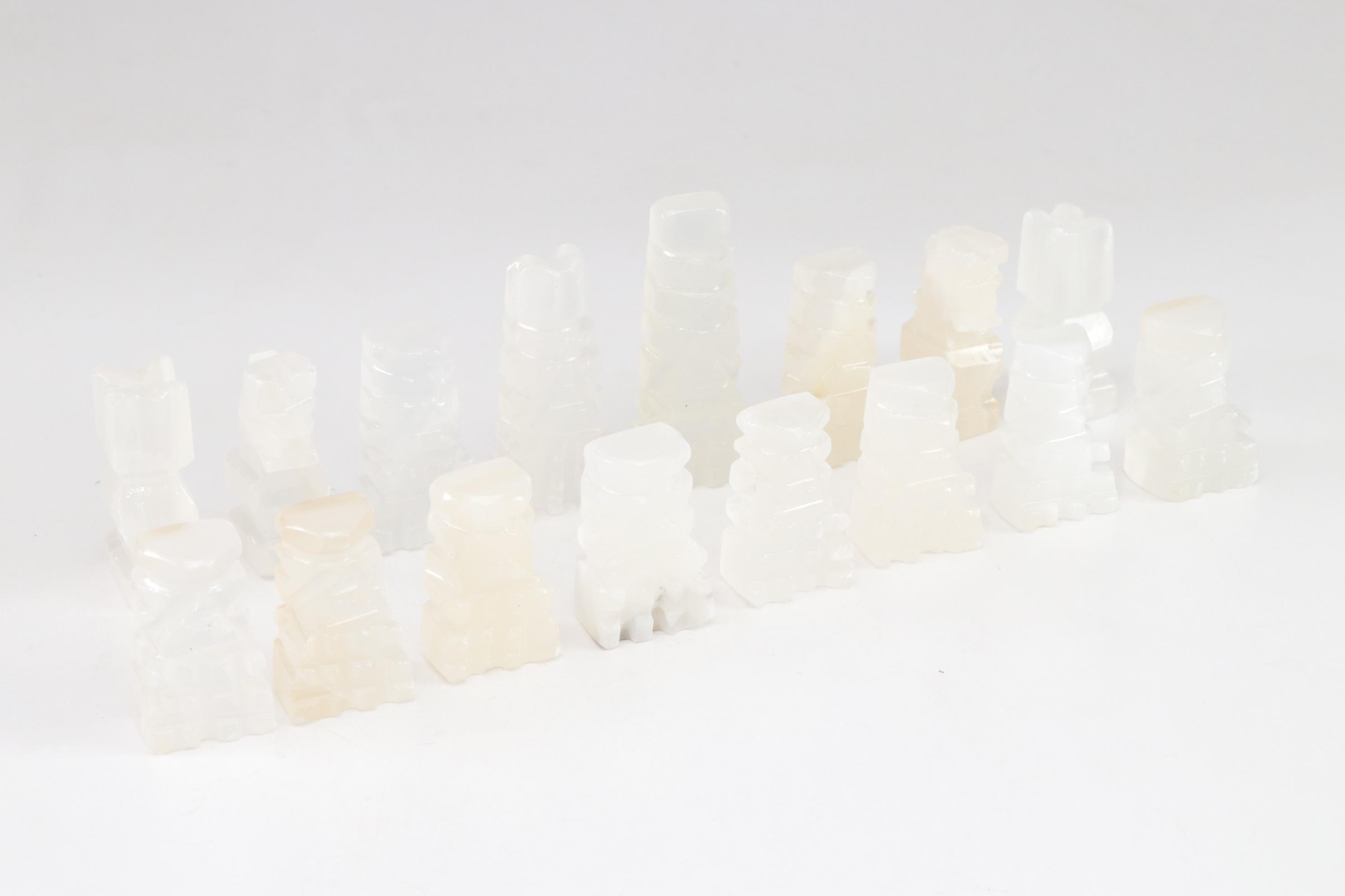 Aztec Style Carved Marble and Calcite Stone Chess Pieces, Full Set