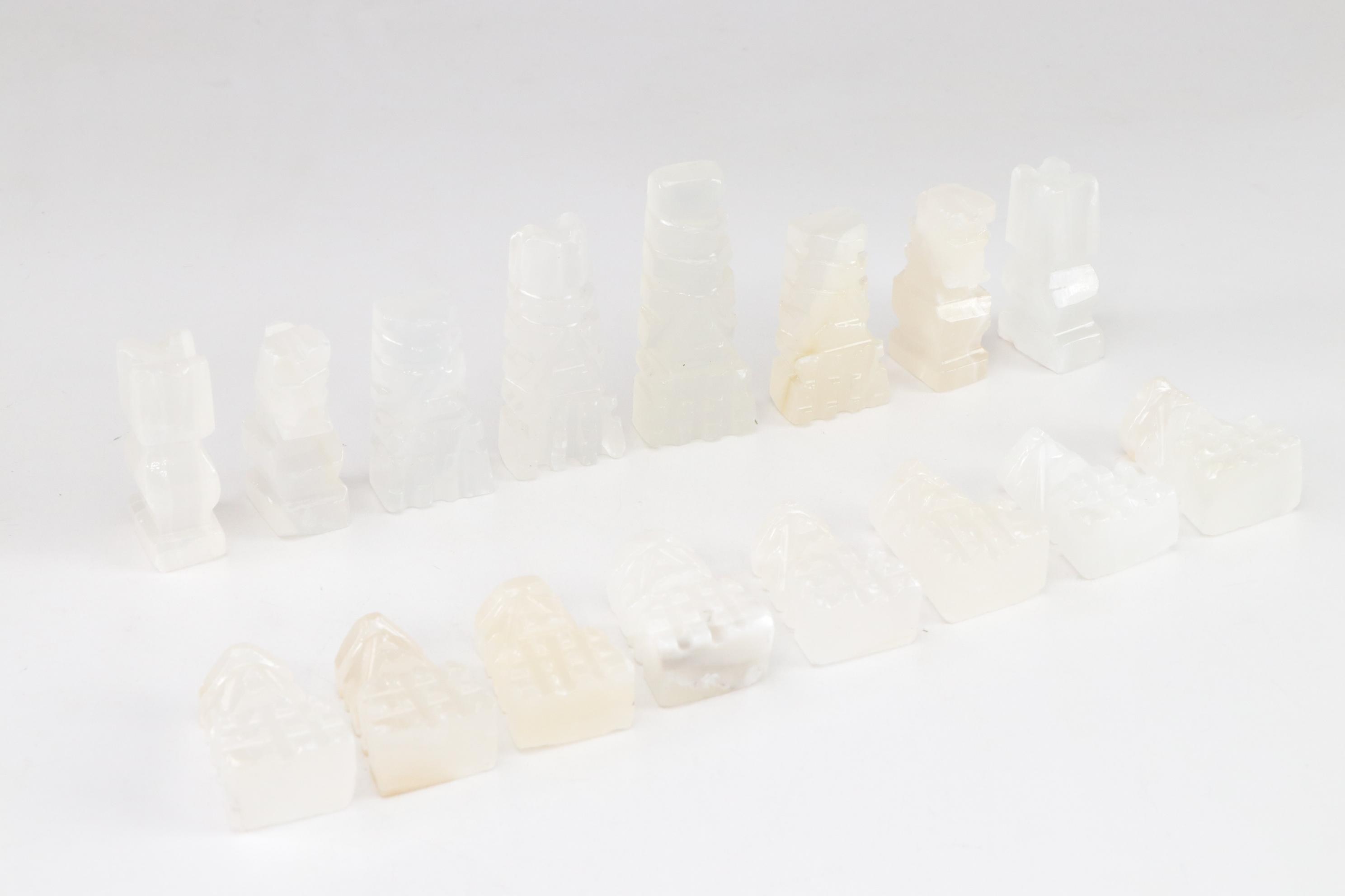 Aztec Style Carved Marble and Calcite Stone Chess Pieces, Full Set