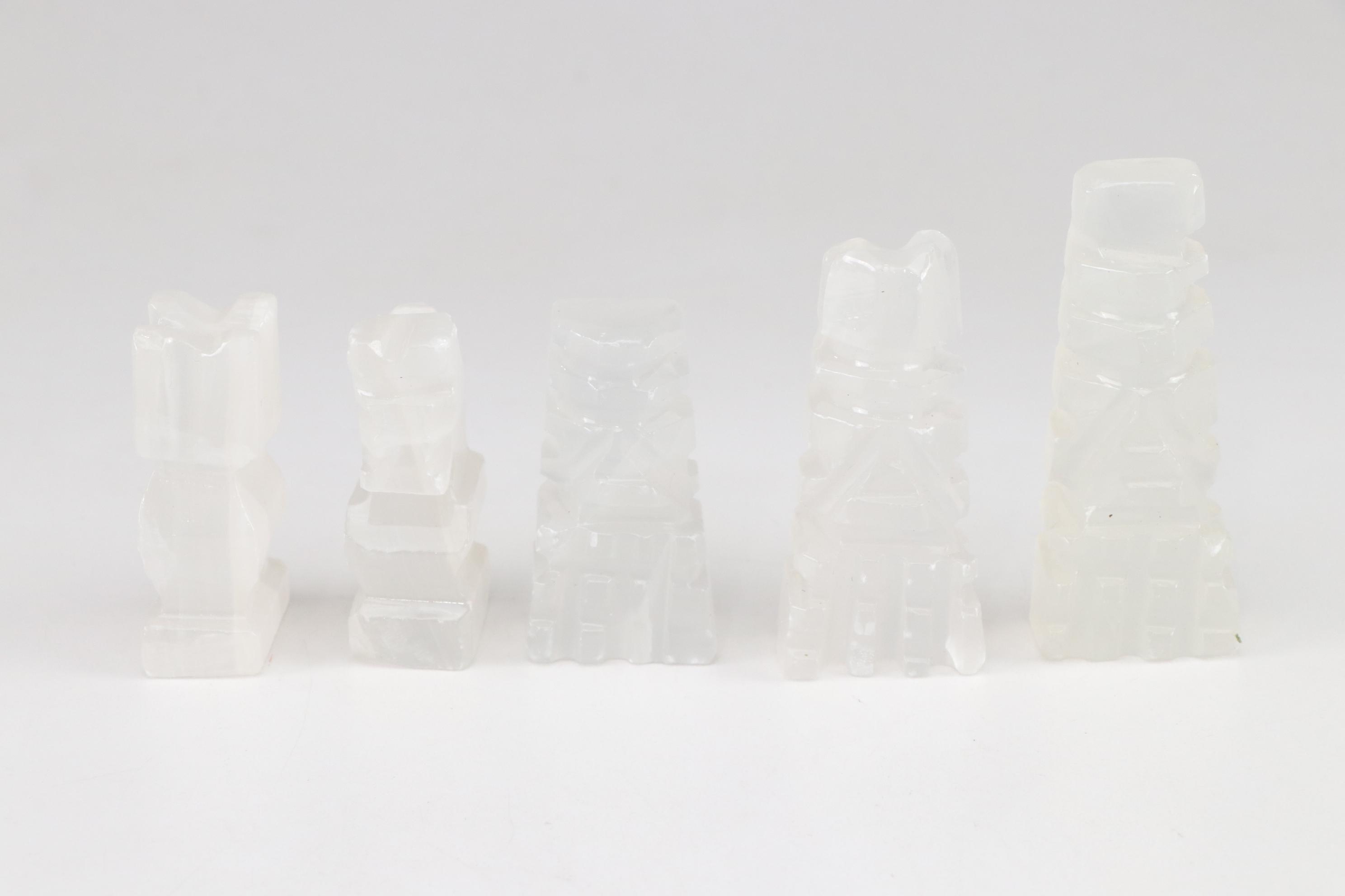 Aztec Style Carved Marble and Calcite Stone Chess Pieces, Full Set