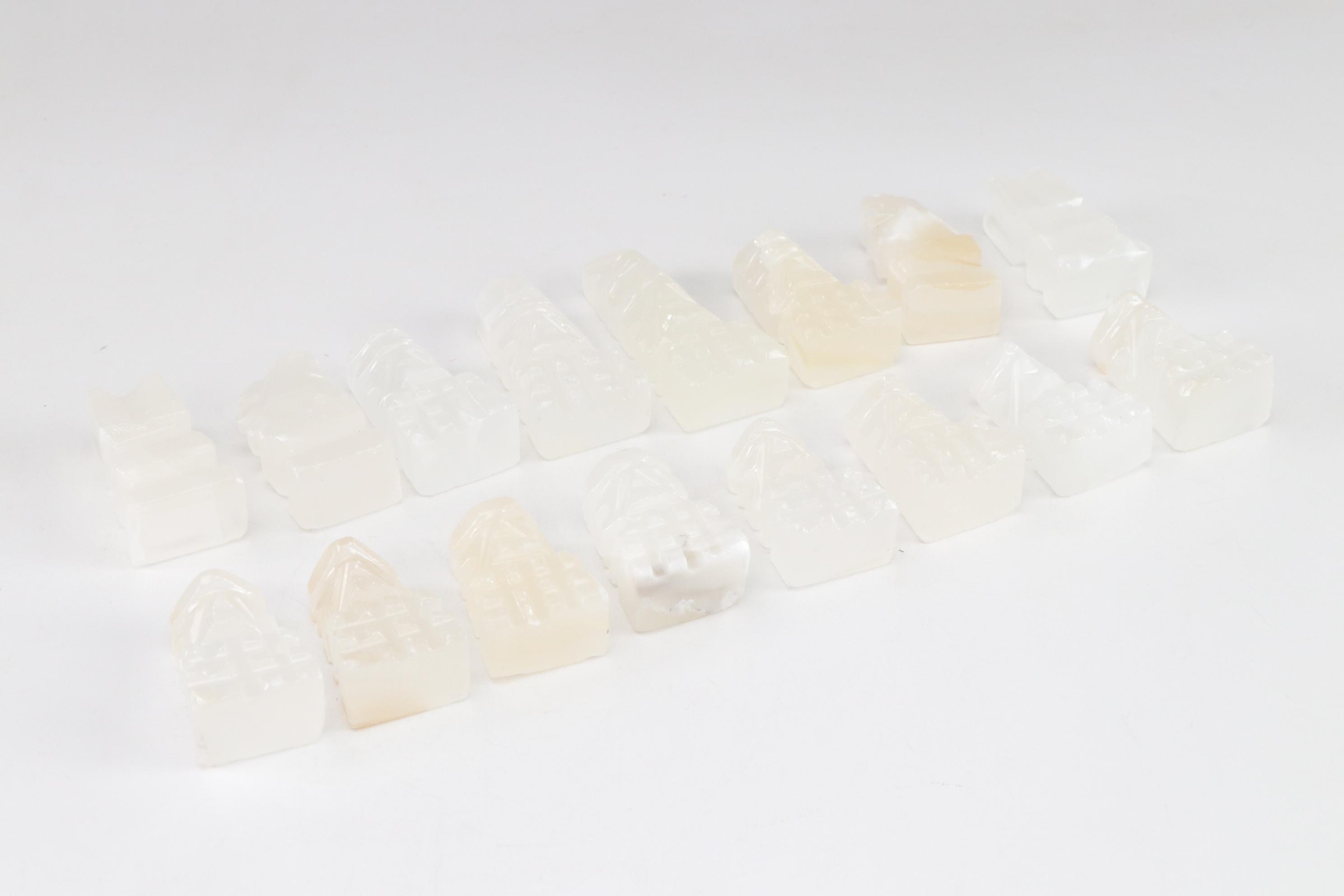 Aztec Style Carved Marble and Calcite Stone Chess Pieces, Full Set