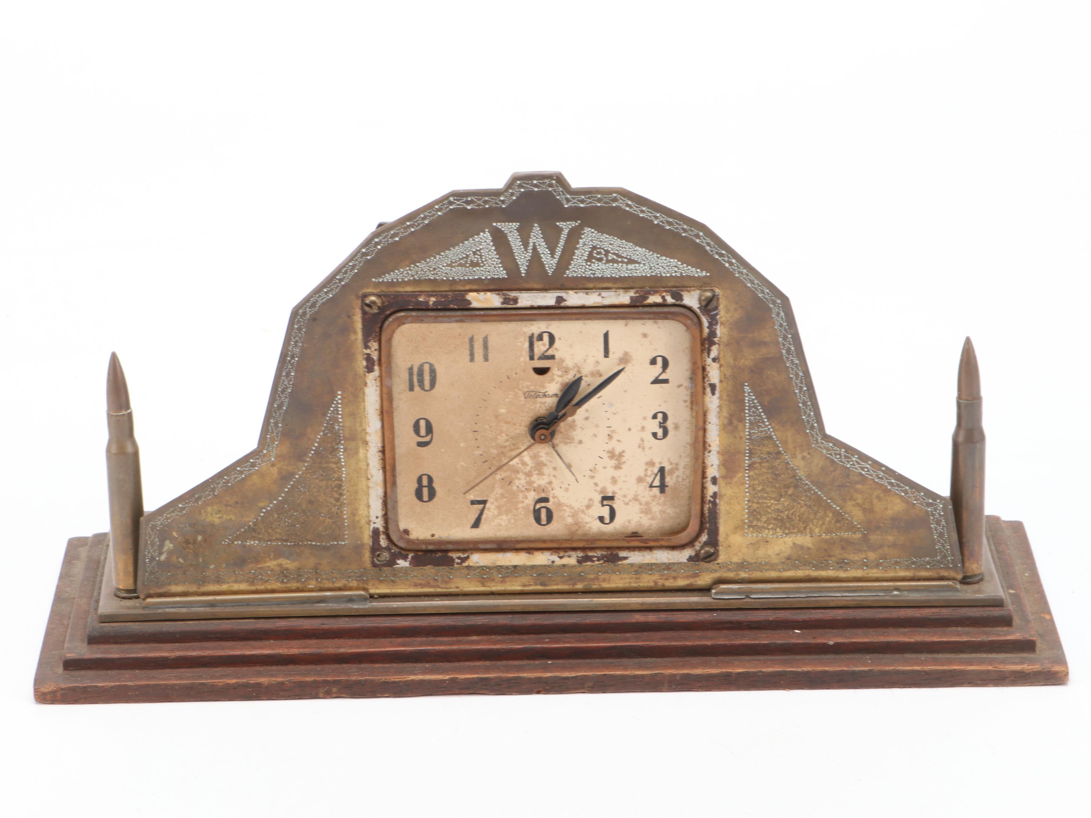 Telechron Chasing Brass Mantel Clock with Bullet Motif and Gibraltar Clock Case