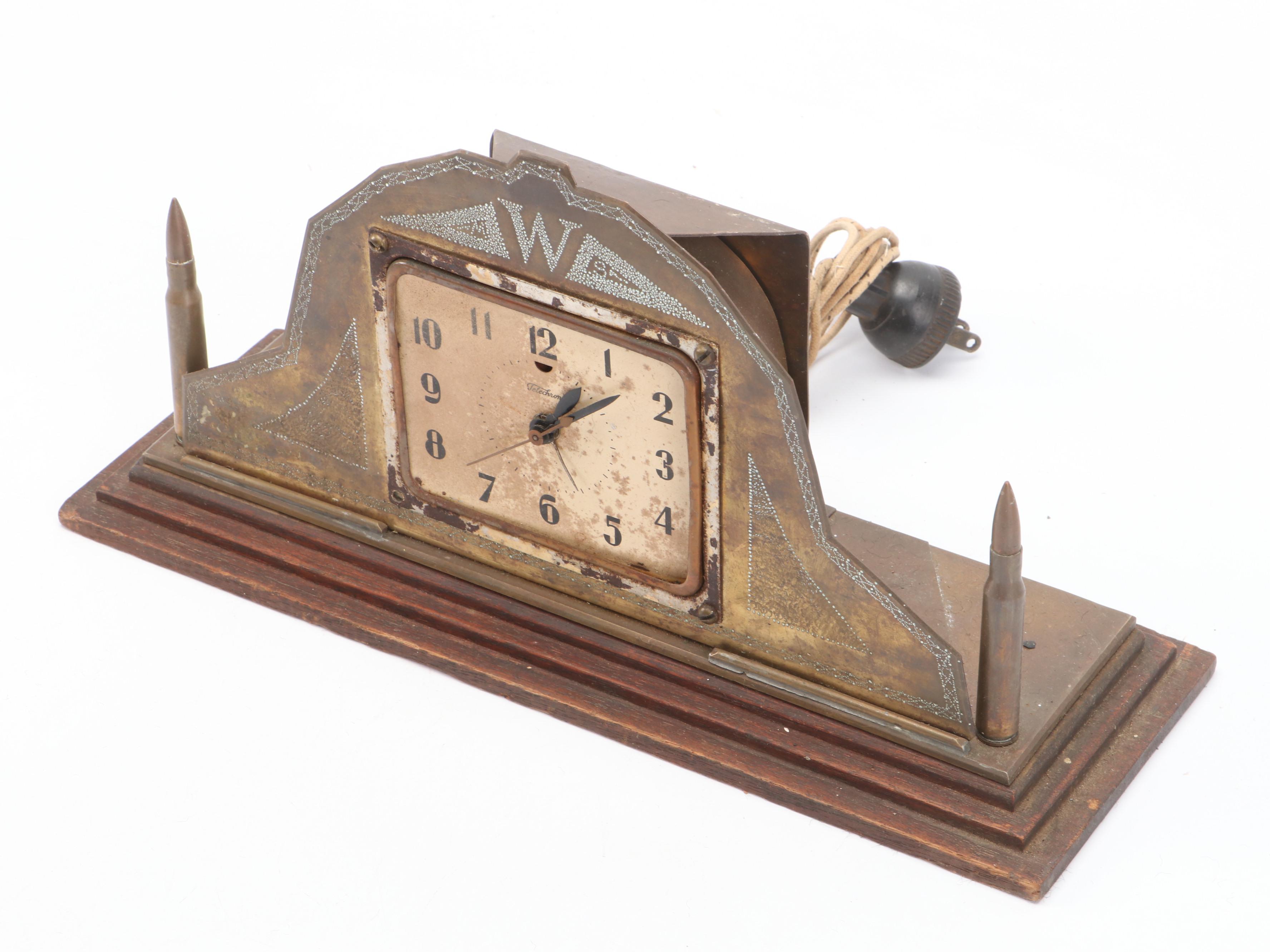 Telechron Chasing Brass Mantel Clock with Bullet Motif and Gibraltar Clock Case