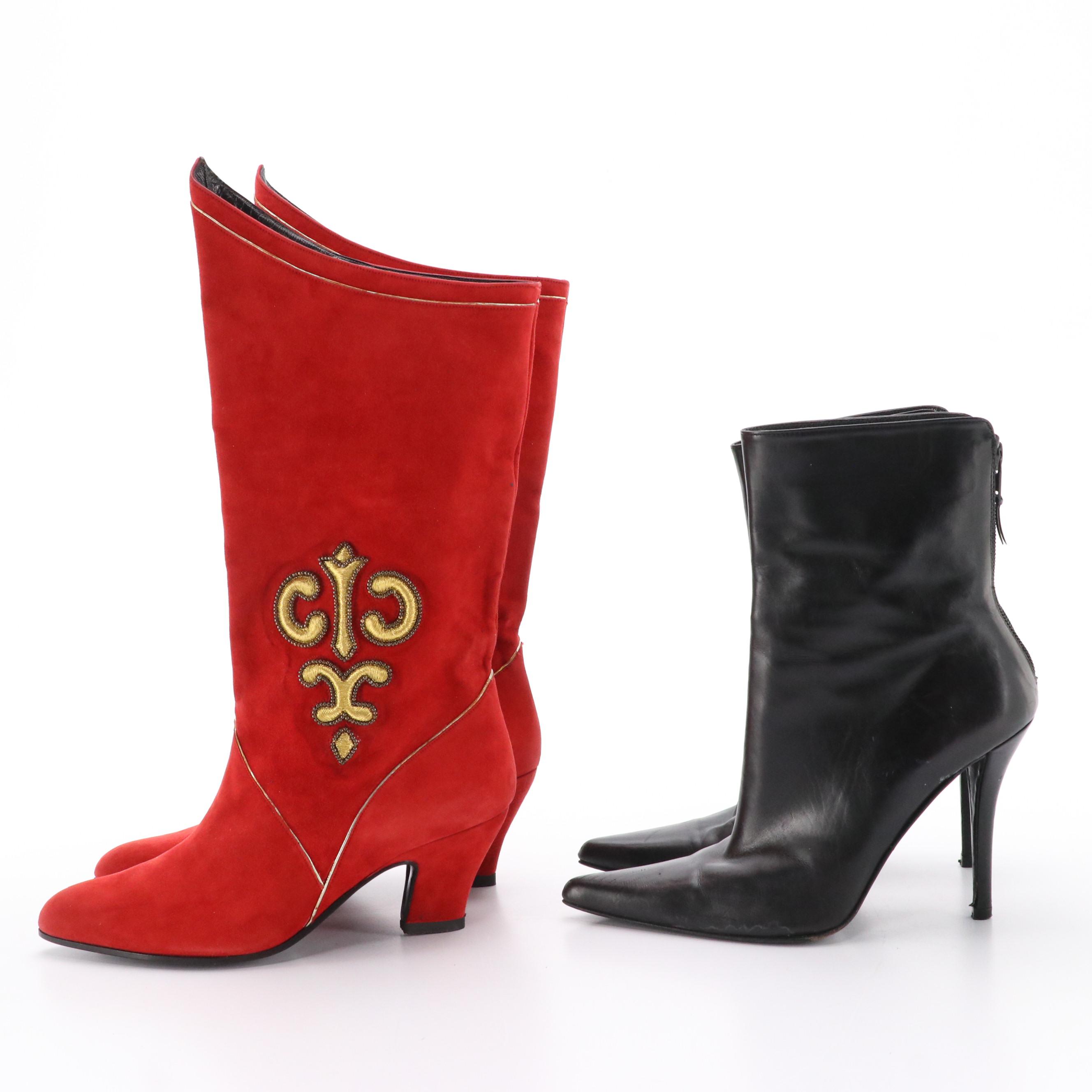 Charles Jourdan Red Suede Mid Calf Boots and Stuart Weitzman Leather Ankle Boots