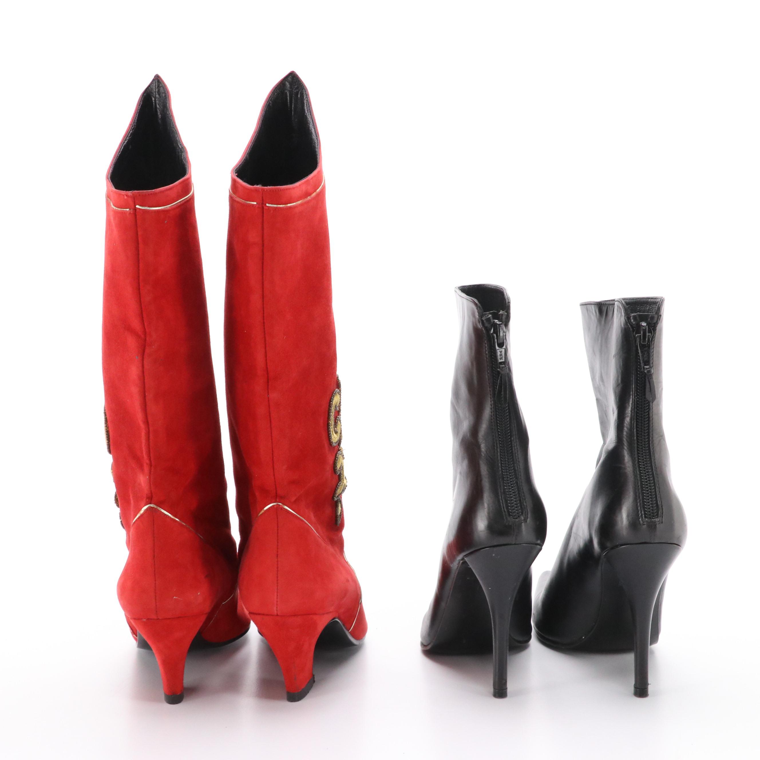 Charles Jourdan Red Suede Mid Calf Boots and Stuart Weitzman Leather Ankle Boots