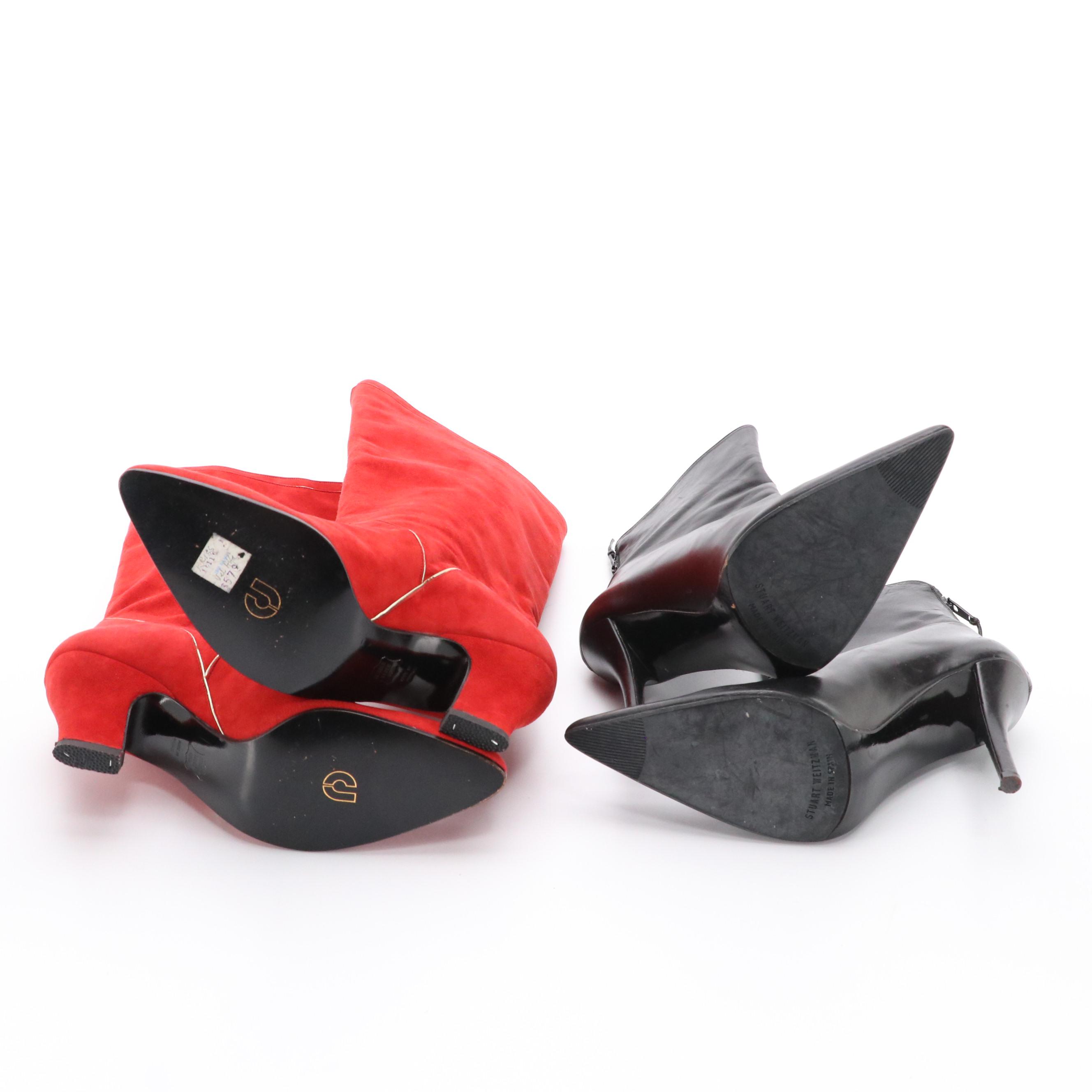 Charles Jourdan Red Suede Mid Calf Boots and Stuart Weitzman Leather Ankle Boots