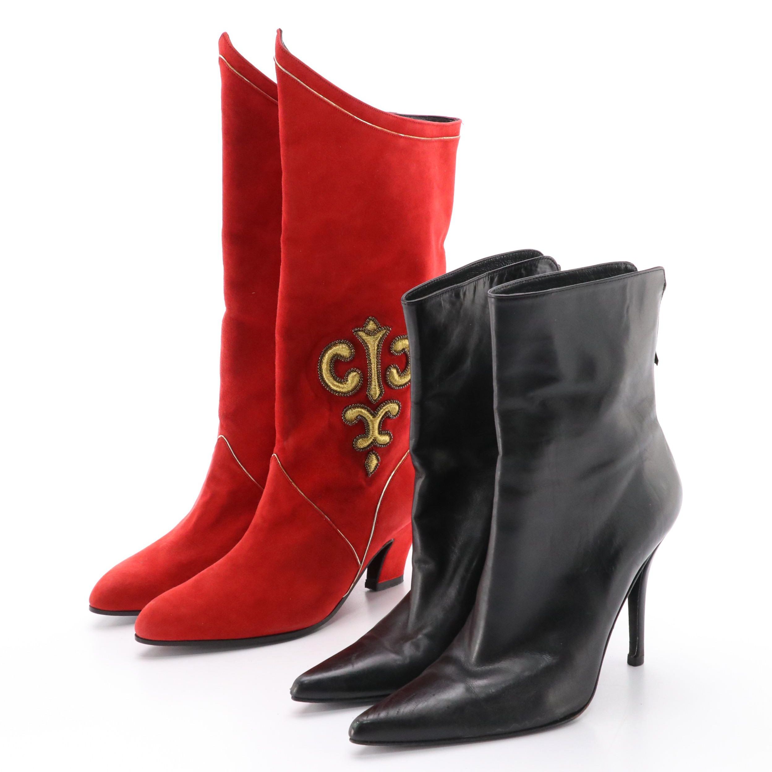 Charles Jourdan Red Suede Mid Calf Boots and Stuart Weitzman Leather Ankle Boots