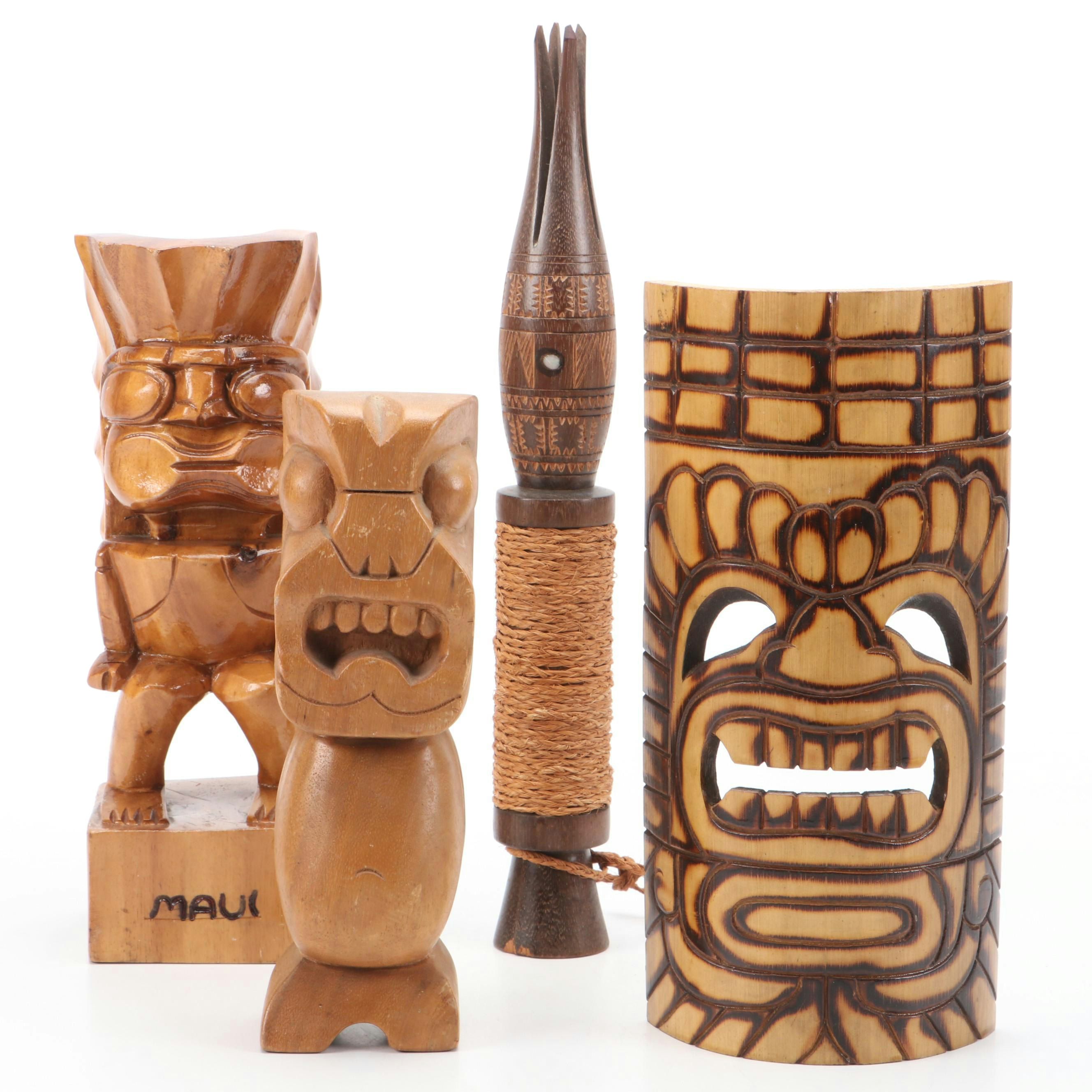 Hawaiian Carved Figure with Tiki Style and Other Wood Décor