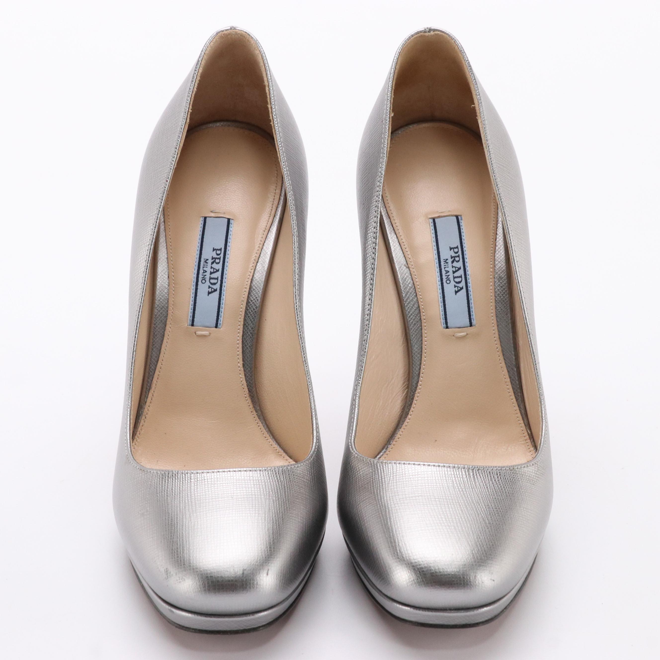 Prada Silver Saffiano Leather Round-Toe Pumps