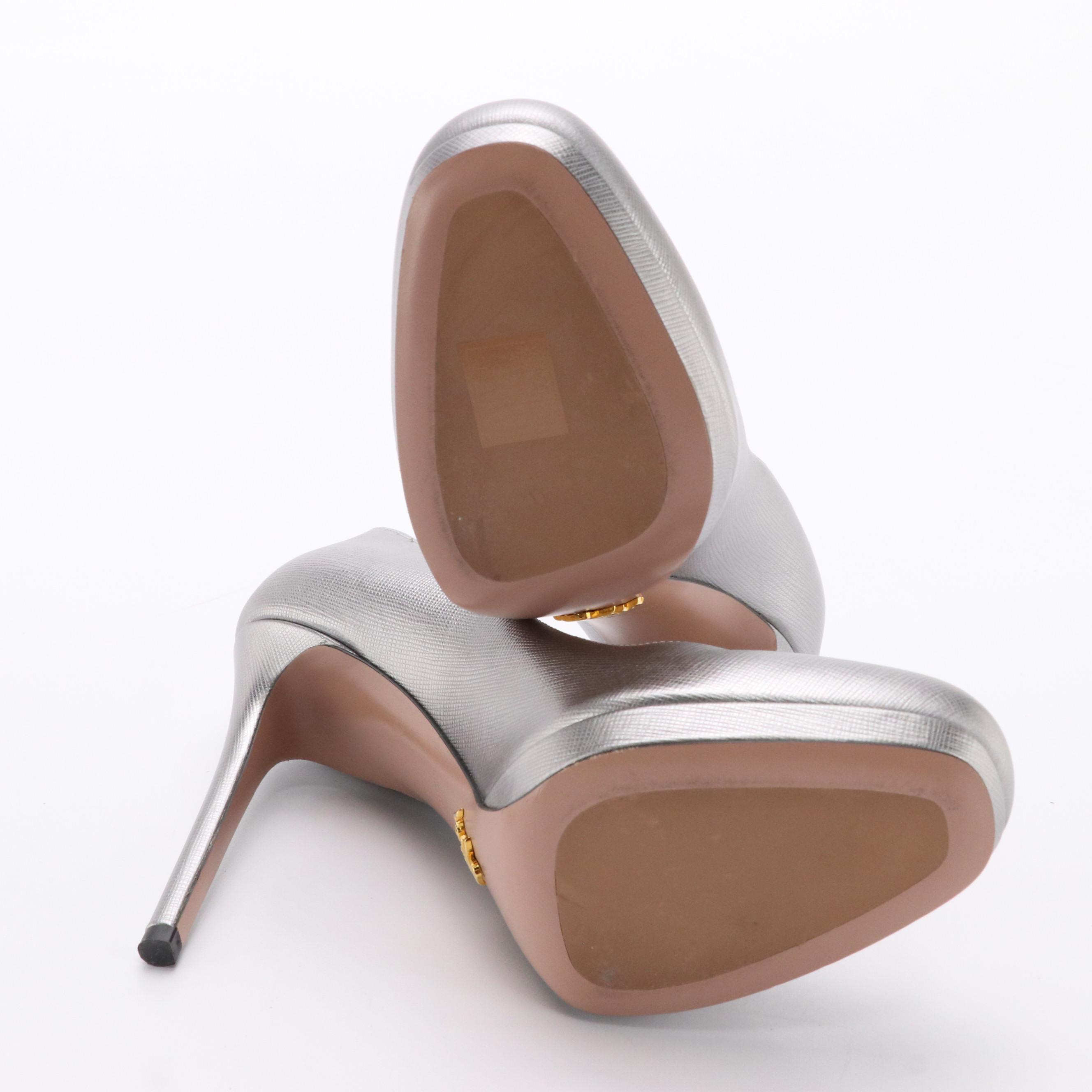 Prada Silver Saffiano Leather Round-Toe Pumps