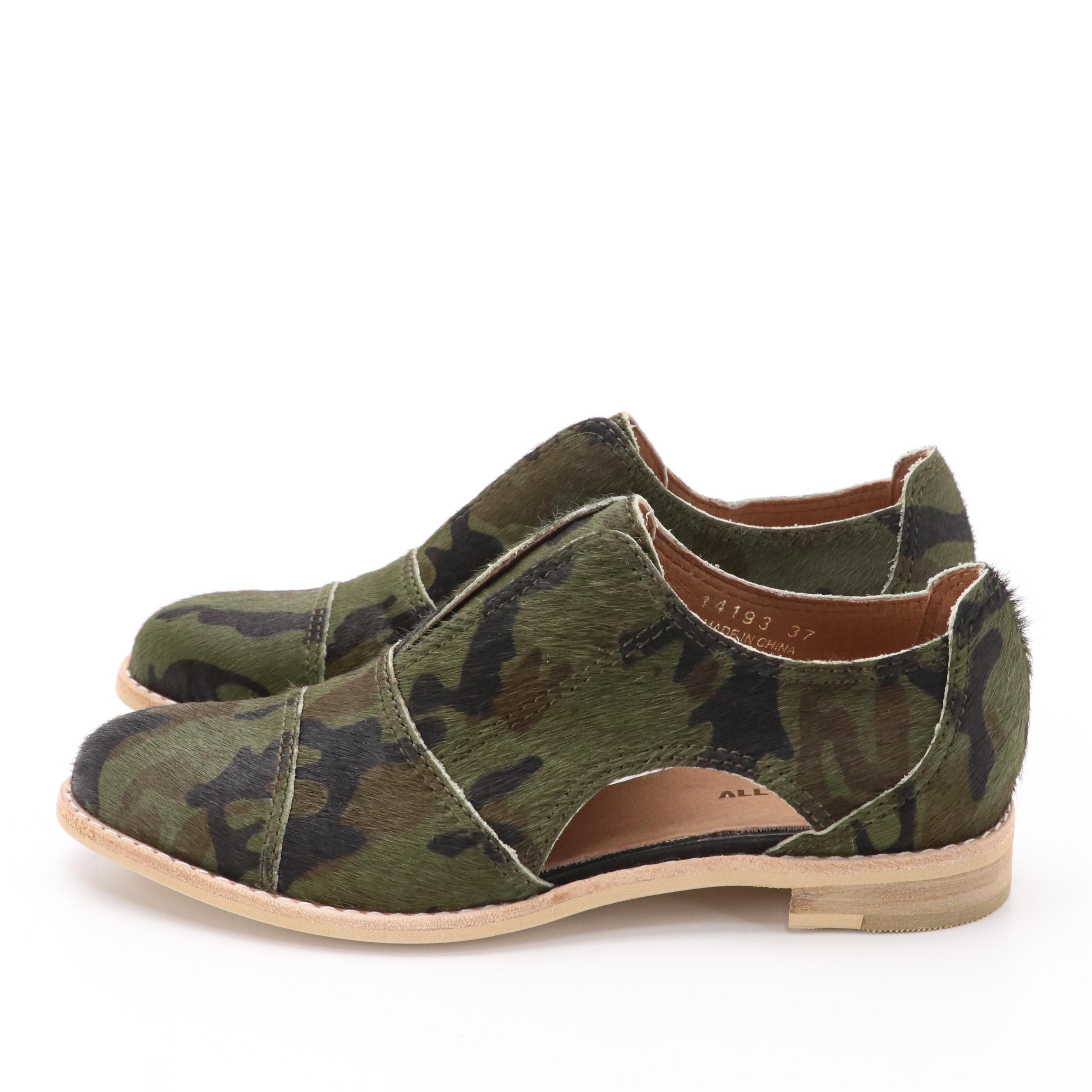 Anthropologie All Black Camo Calf Hair Peekaboo Oxford Shoes in Box