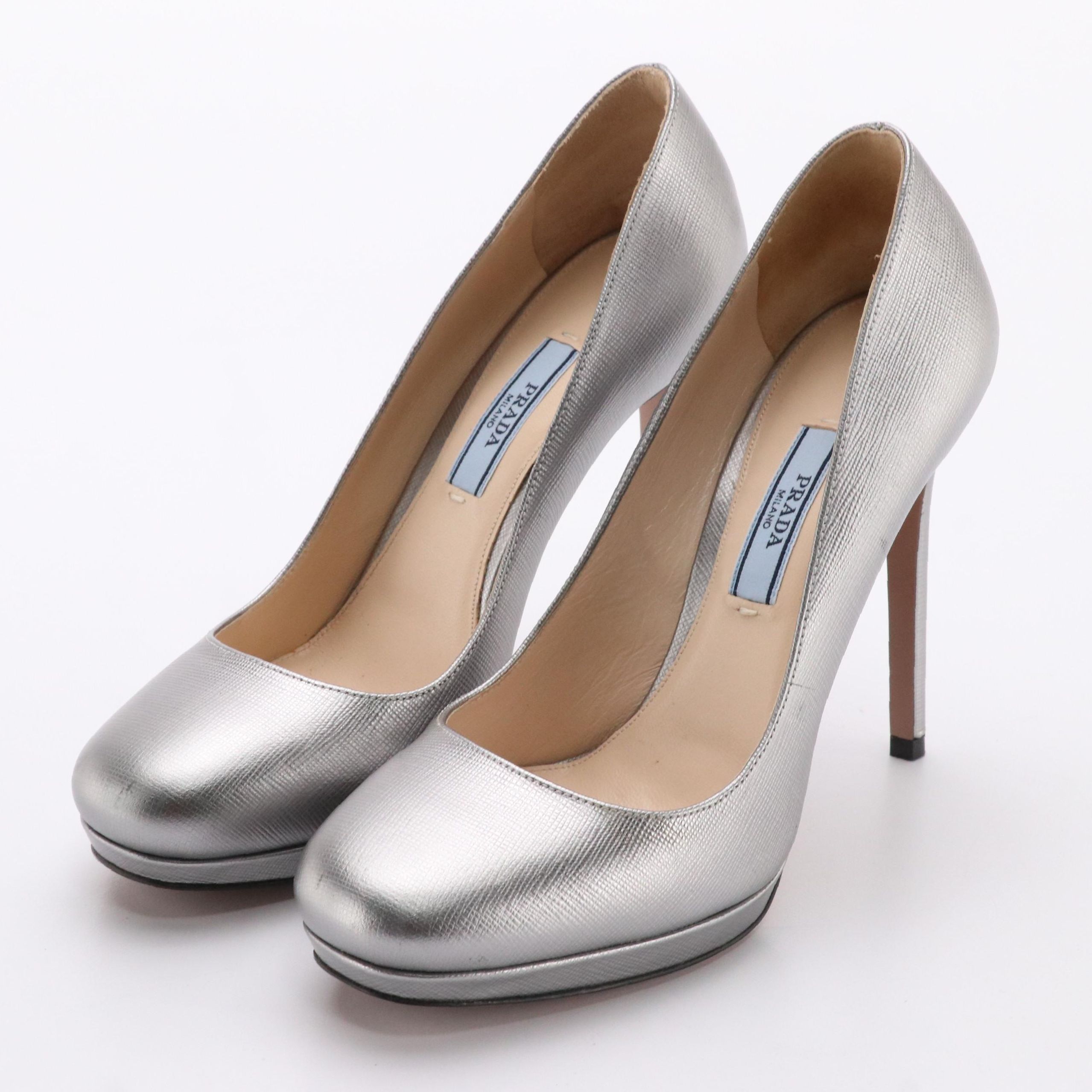 Prada Silver Saffiano Leather Round-Toe Pumps