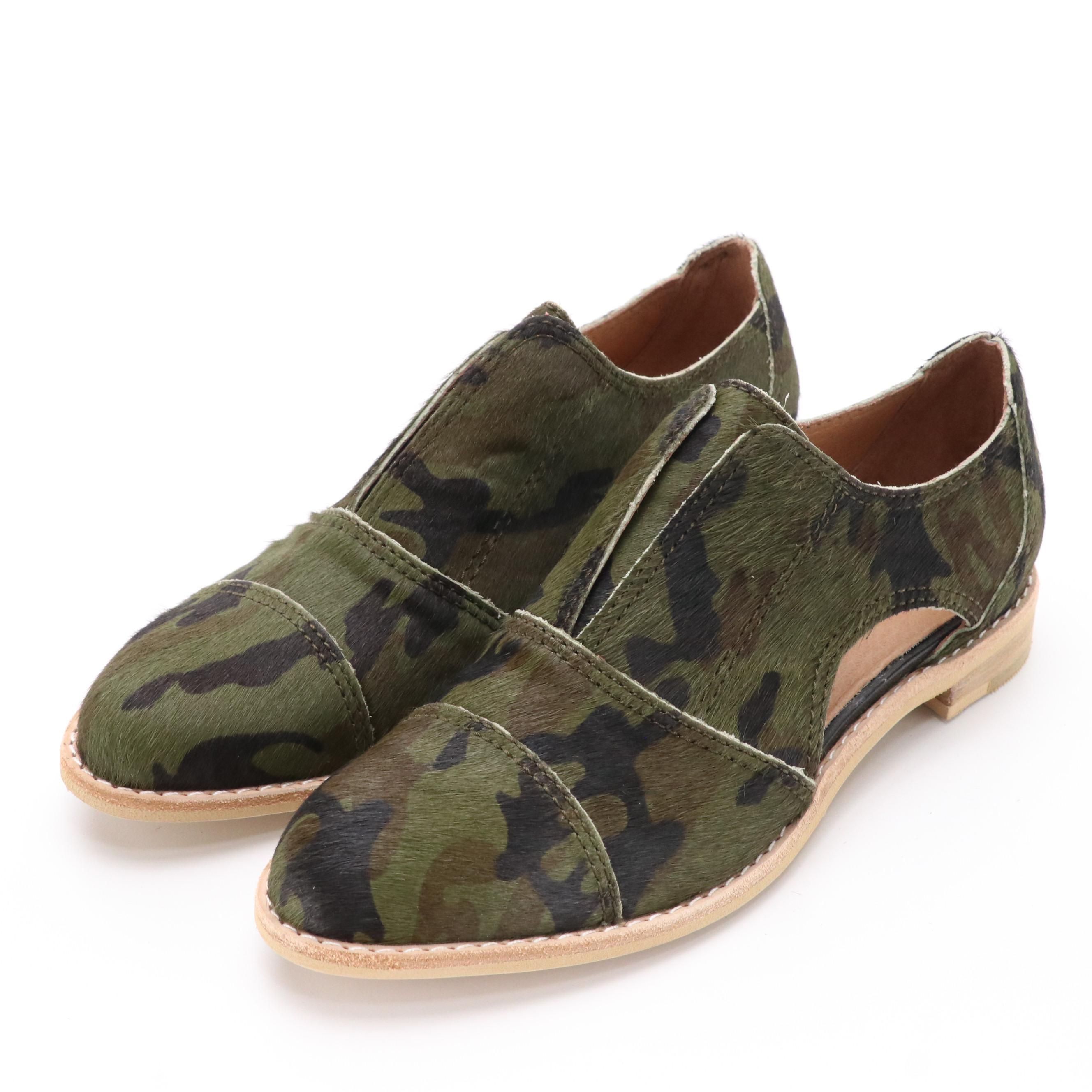 Anthropologie All Black Camo Calf Hair Peekaboo Oxford Shoes in Box