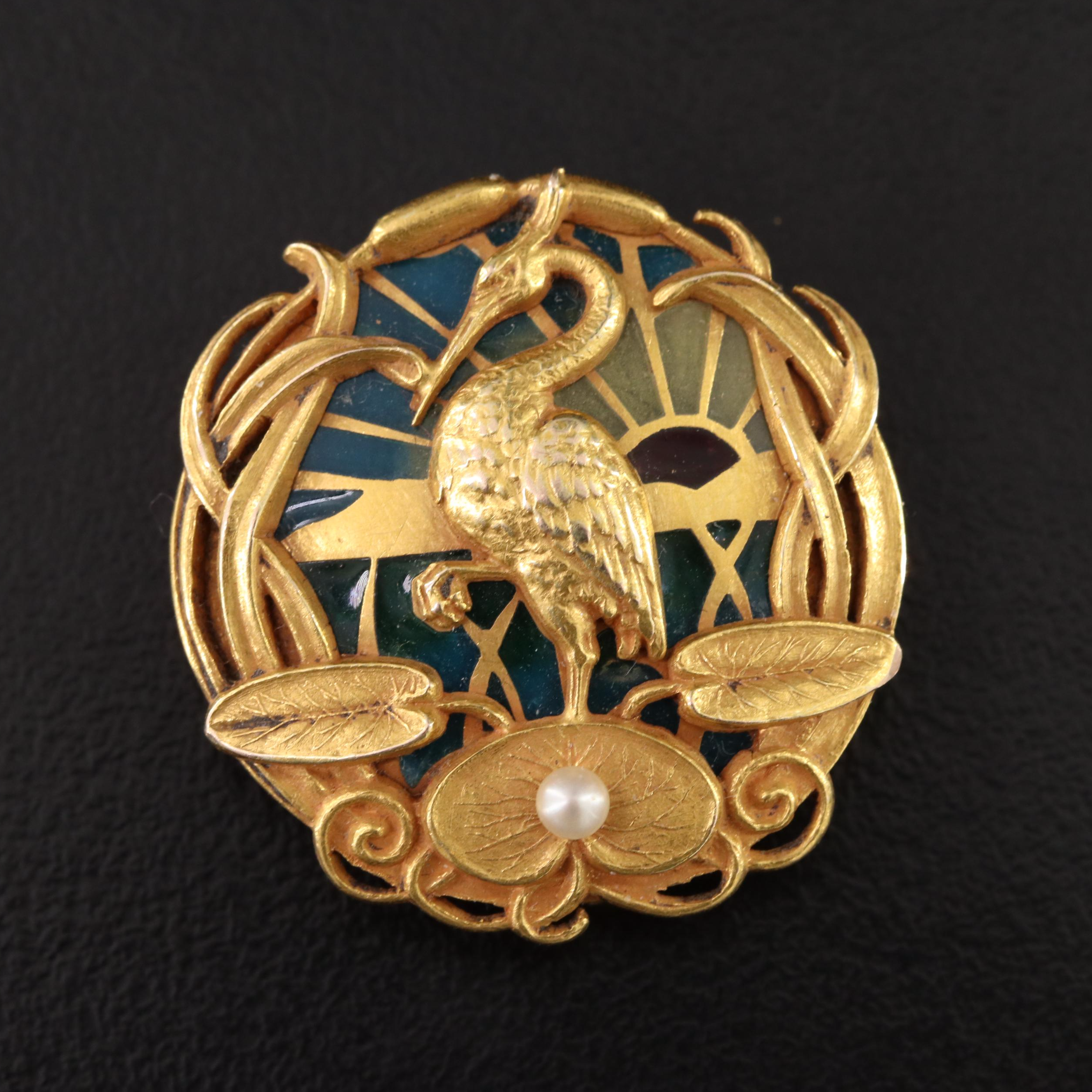 Art Nouveau 14K Plique-à-jour and Seed Pearl Crane Watch Pin