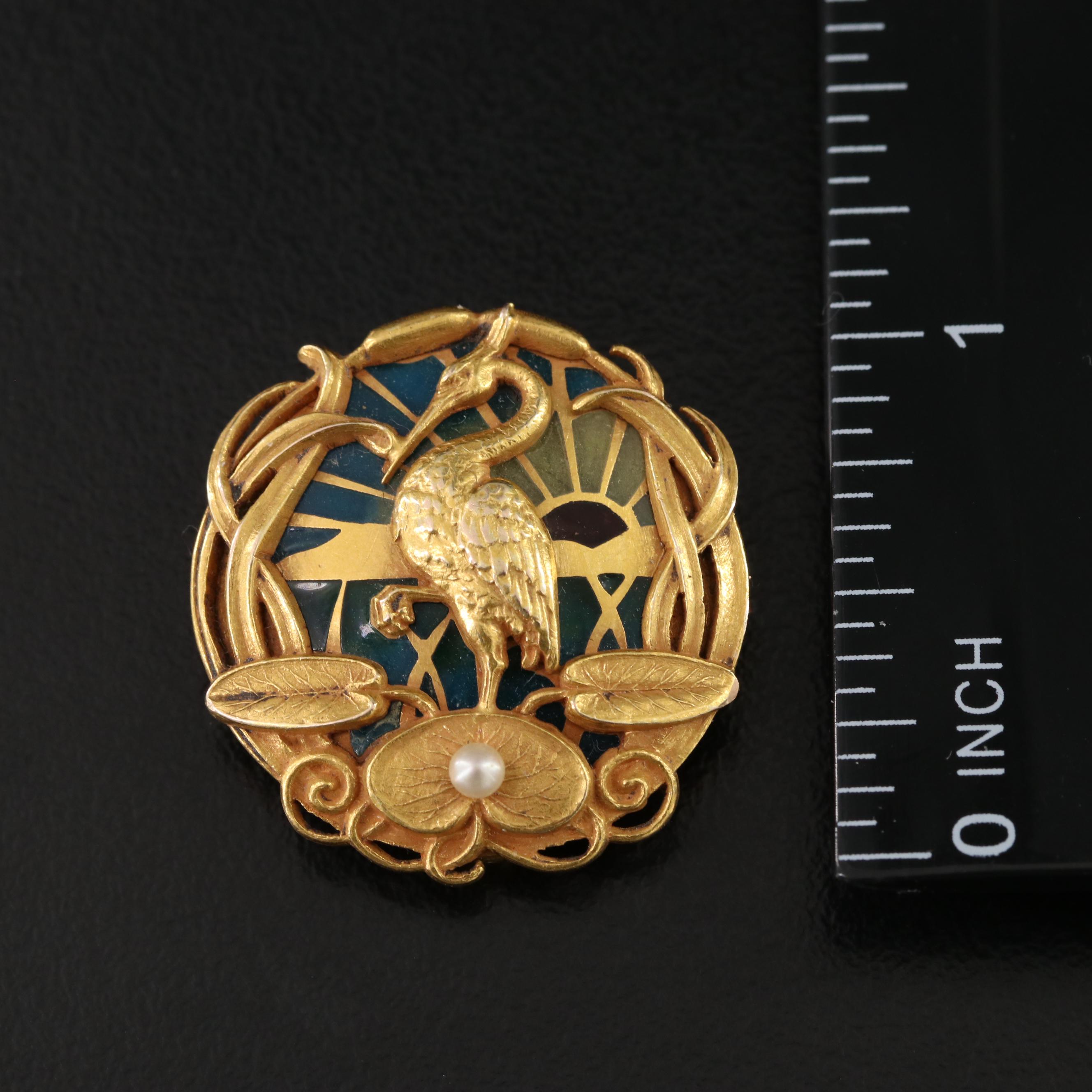 Art Nouveau 14K Plique-à-jour and Seed Pearl Crane Watch Pin