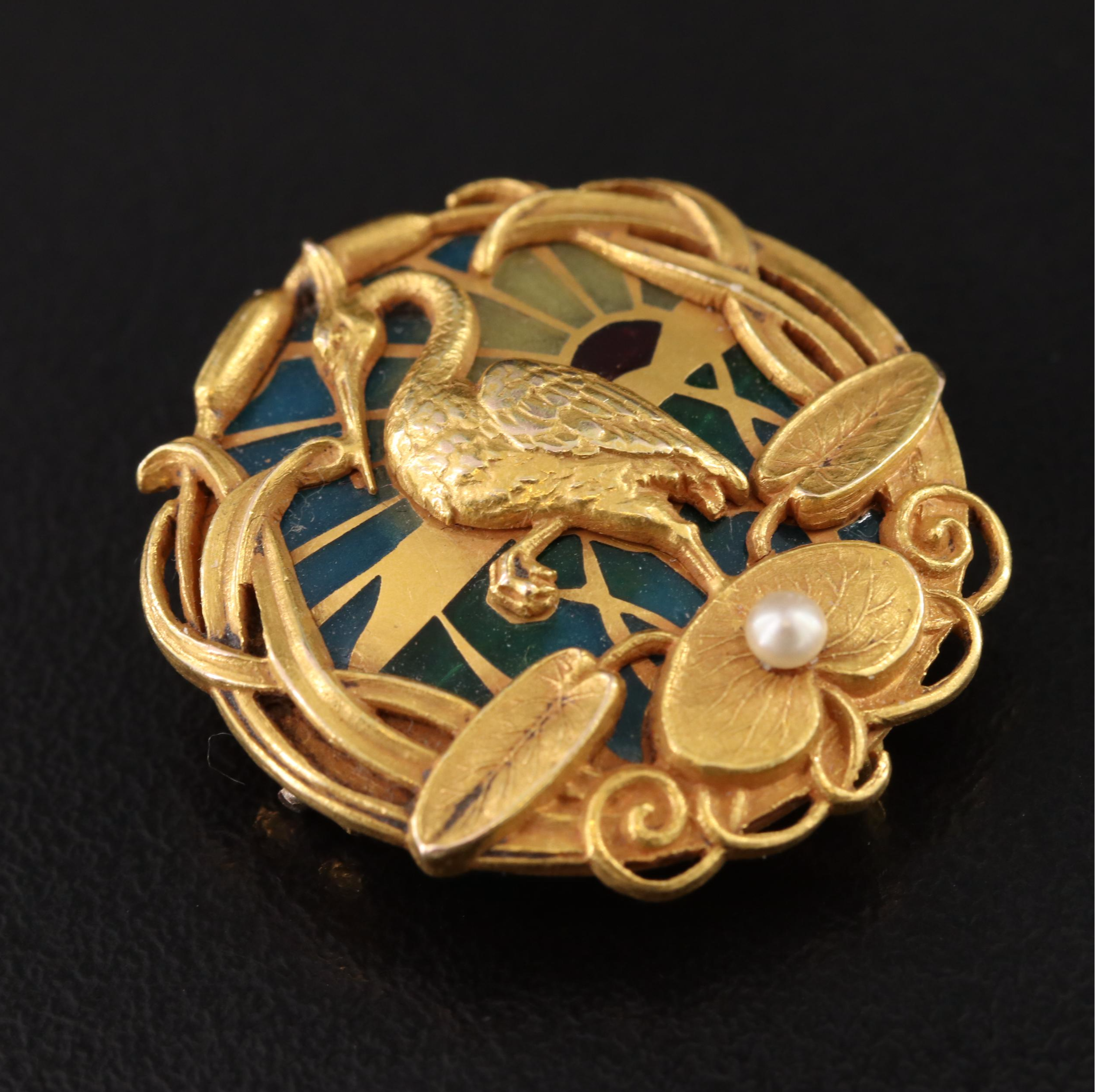 Art Nouveau 14K Plique-à-jour and Seed Pearl Crane Watch Pin