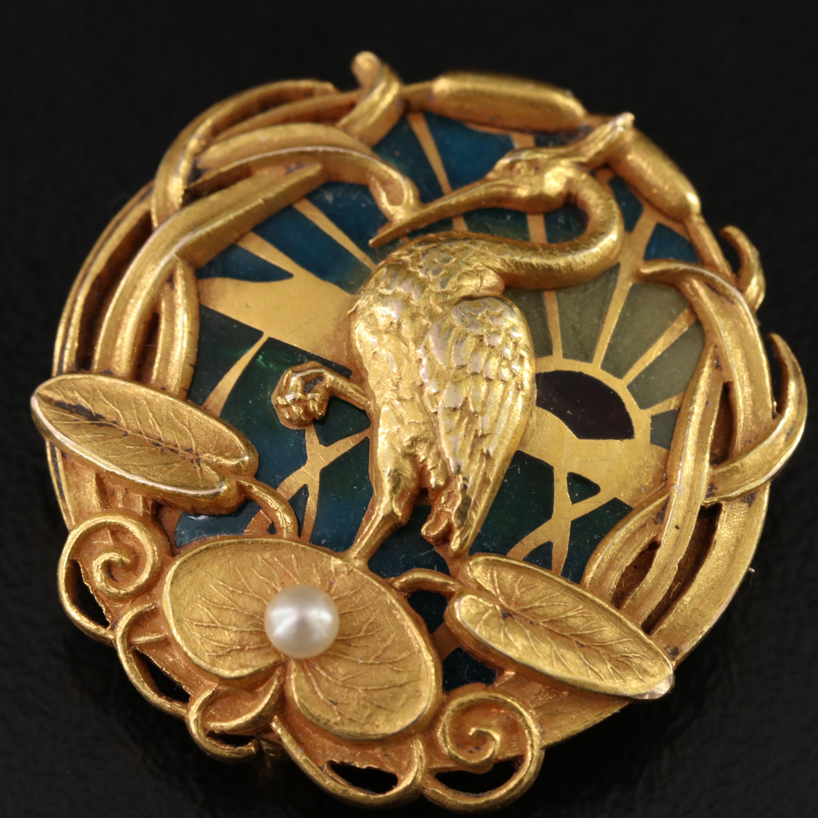 Art Nouveau 14K Plique-à-jour and Seed Pearl Crane Watch Pin