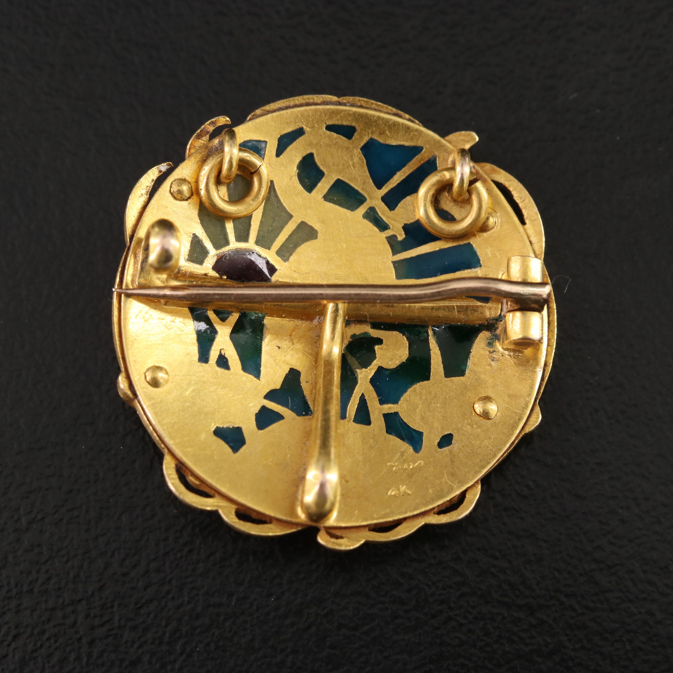 Art Nouveau 14K Plique-à-jour and Seed Pearl Crane Watch Pin