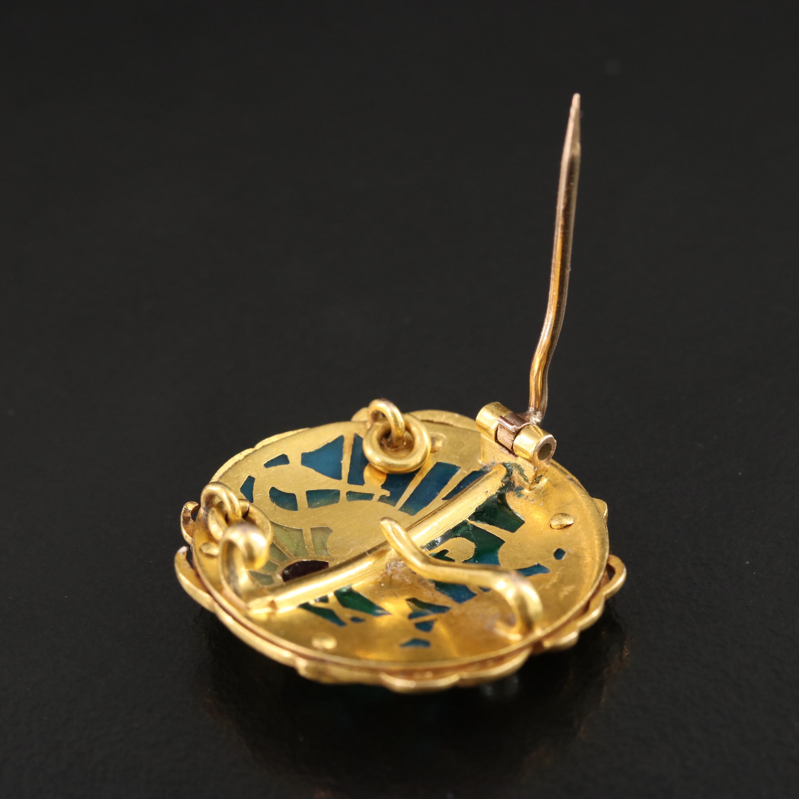 Art Nouveau 14K Plique-à-jour and Seed Pearl Crane Watch Pin