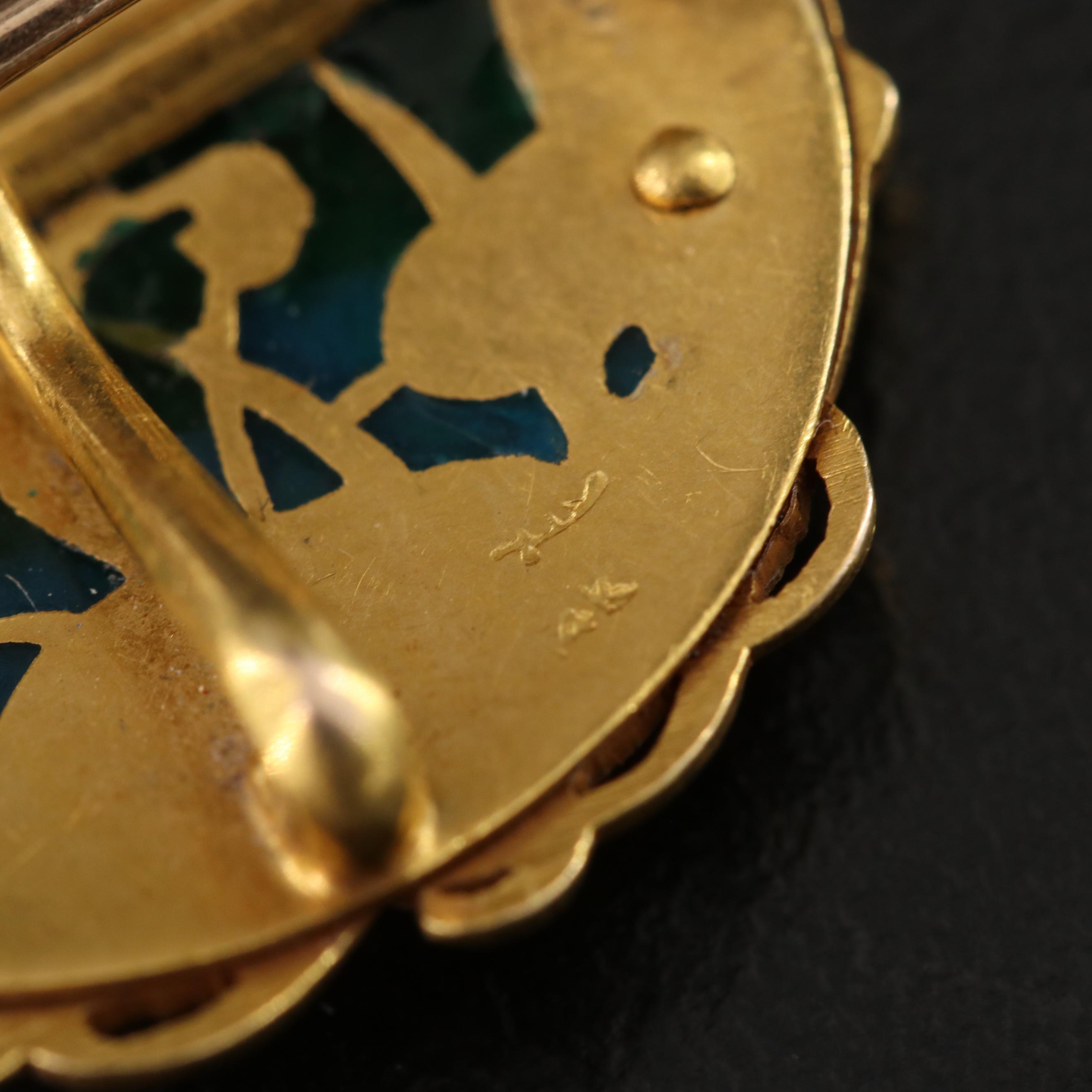 Art Nouveau 14K Plique-à-jour and Seed Pearl Crane Watch Pin