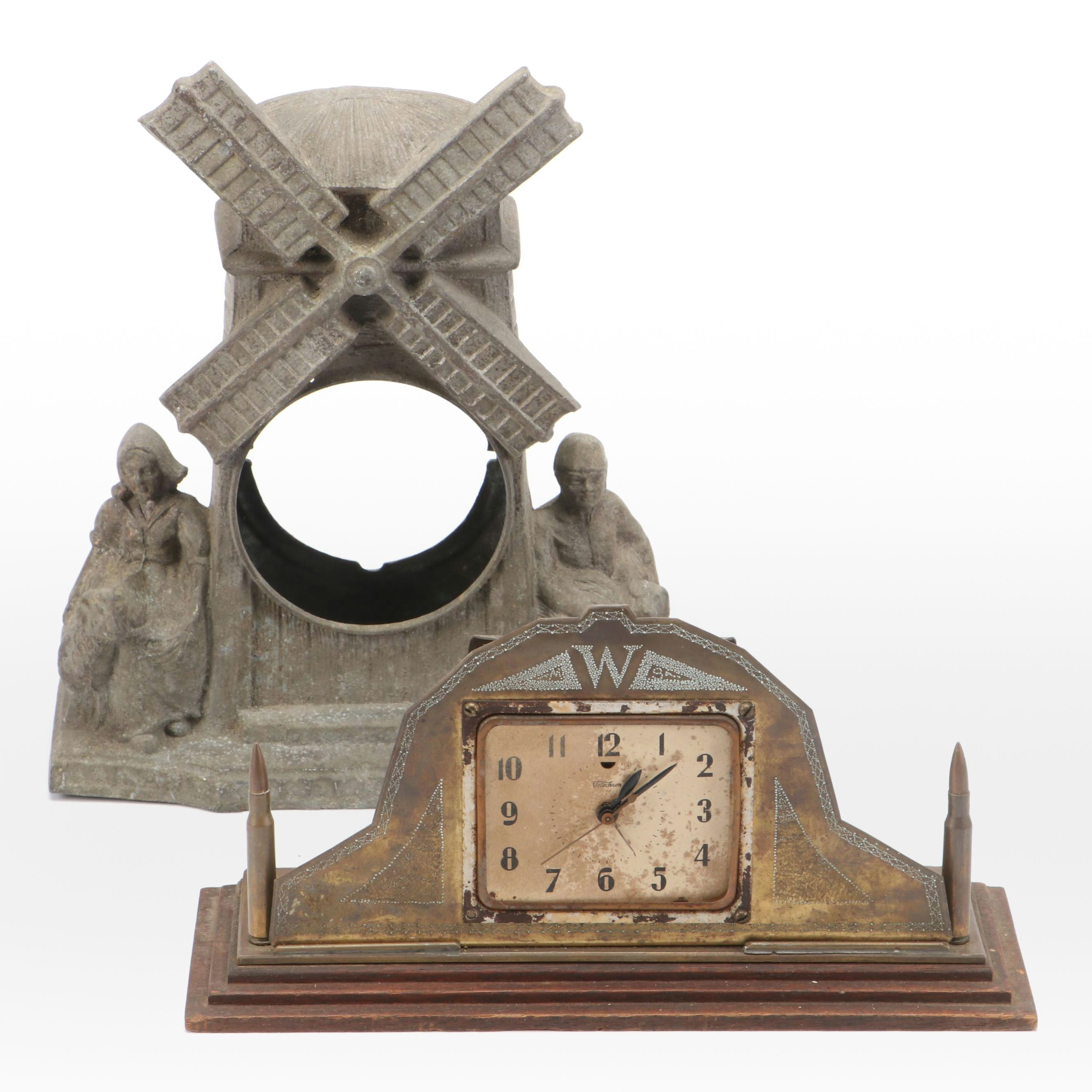 Telechron Chasing Brass Mantel Clock with Bullet Motif and Gibraltar Clock Case