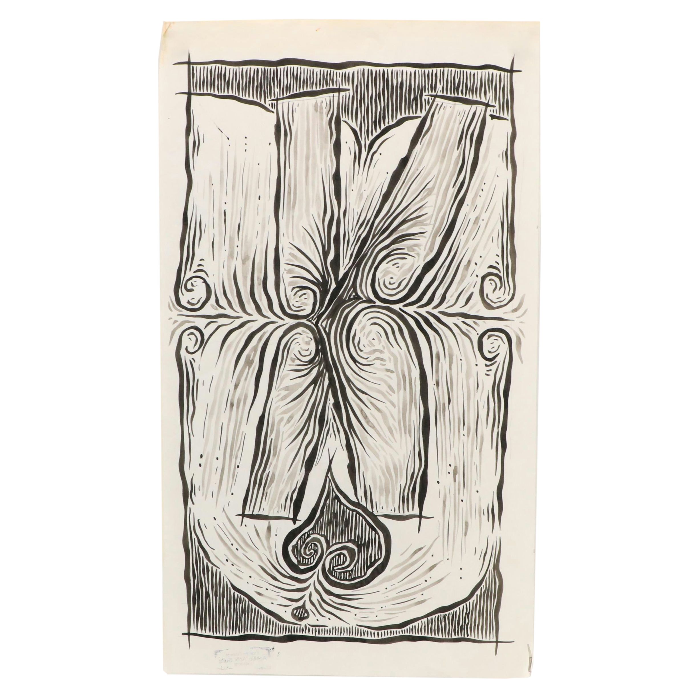 Achillo “Achi” Sullo Modern Biomorphic Ink Wash Painting, Mid-Late 20th Century