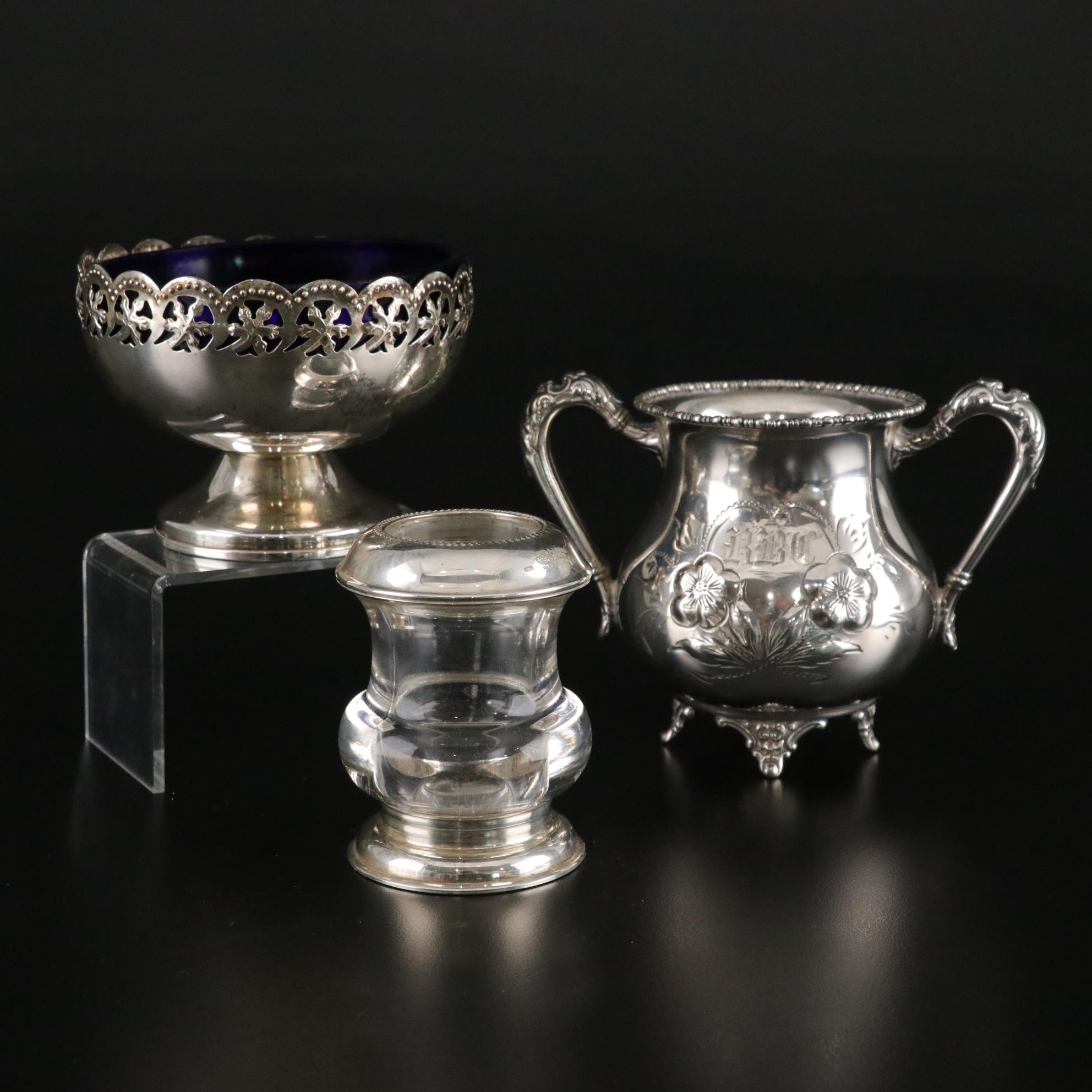 Silver Plated Sugar Bowl, Toothpick Holder & Candy Dish with Cobalt Glass Liner