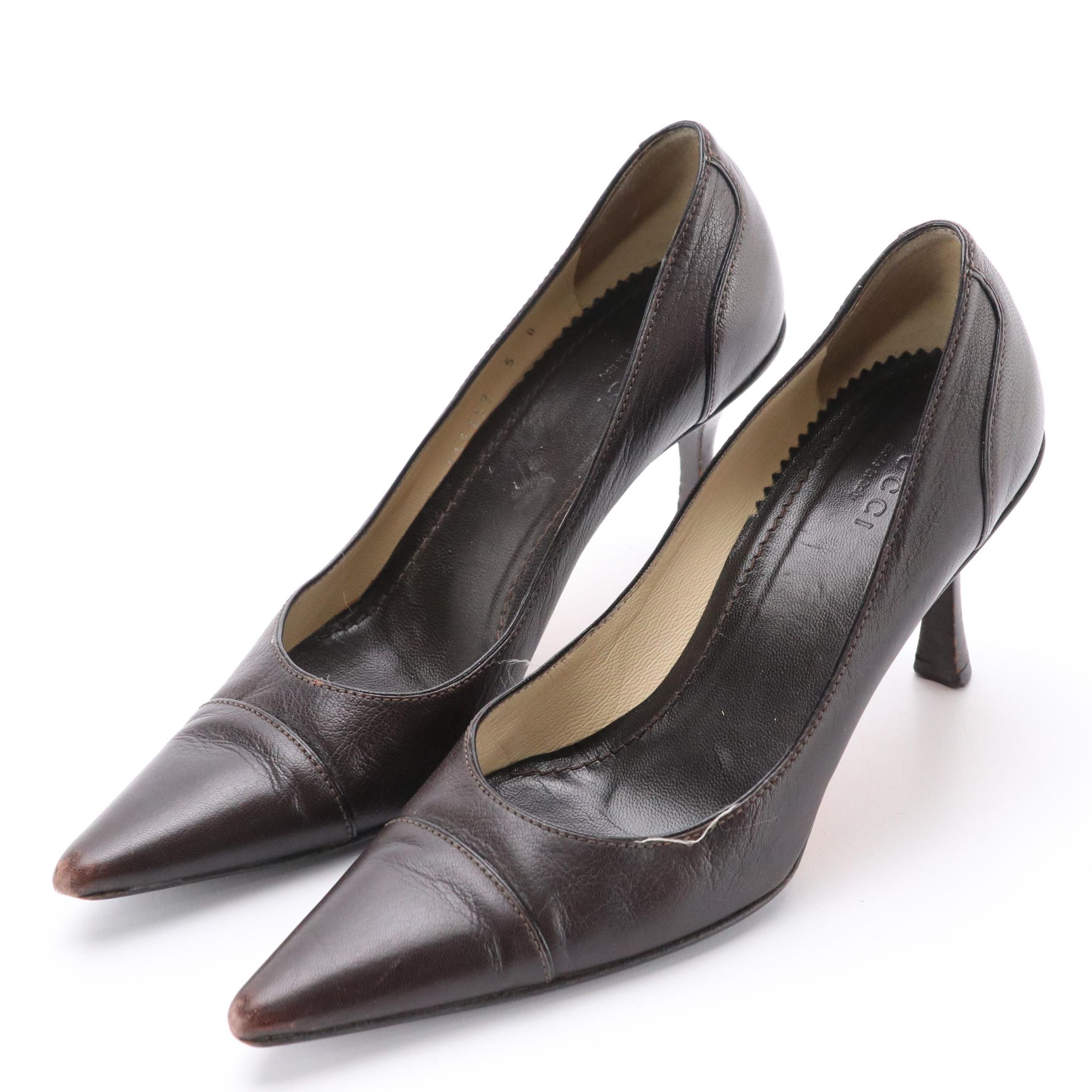 Gucci Brown Leather Pointed-Toe Pumps