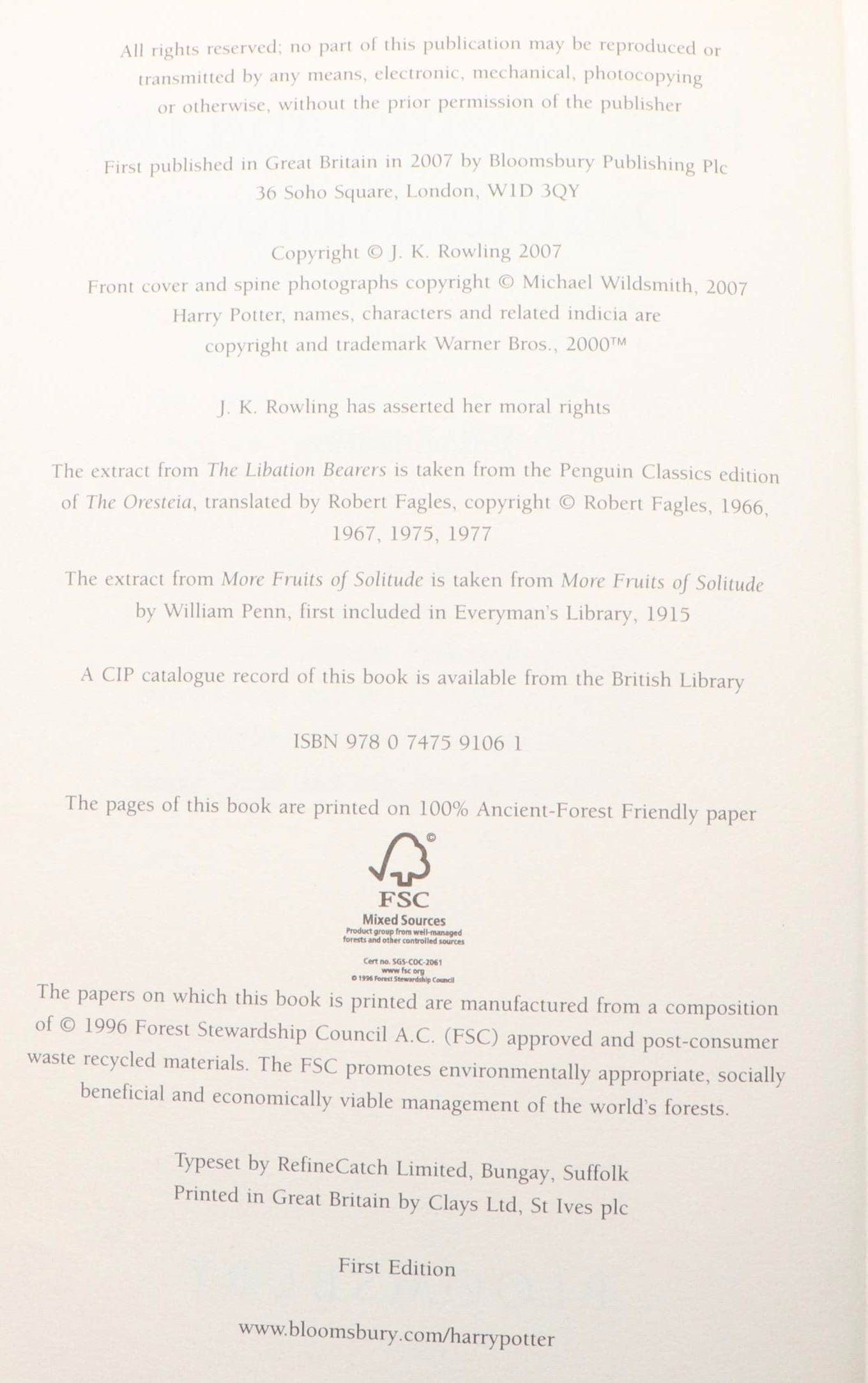 First UK Adult Edition "Harry Potter and the Deathly Hallows" by J. K. Rowling