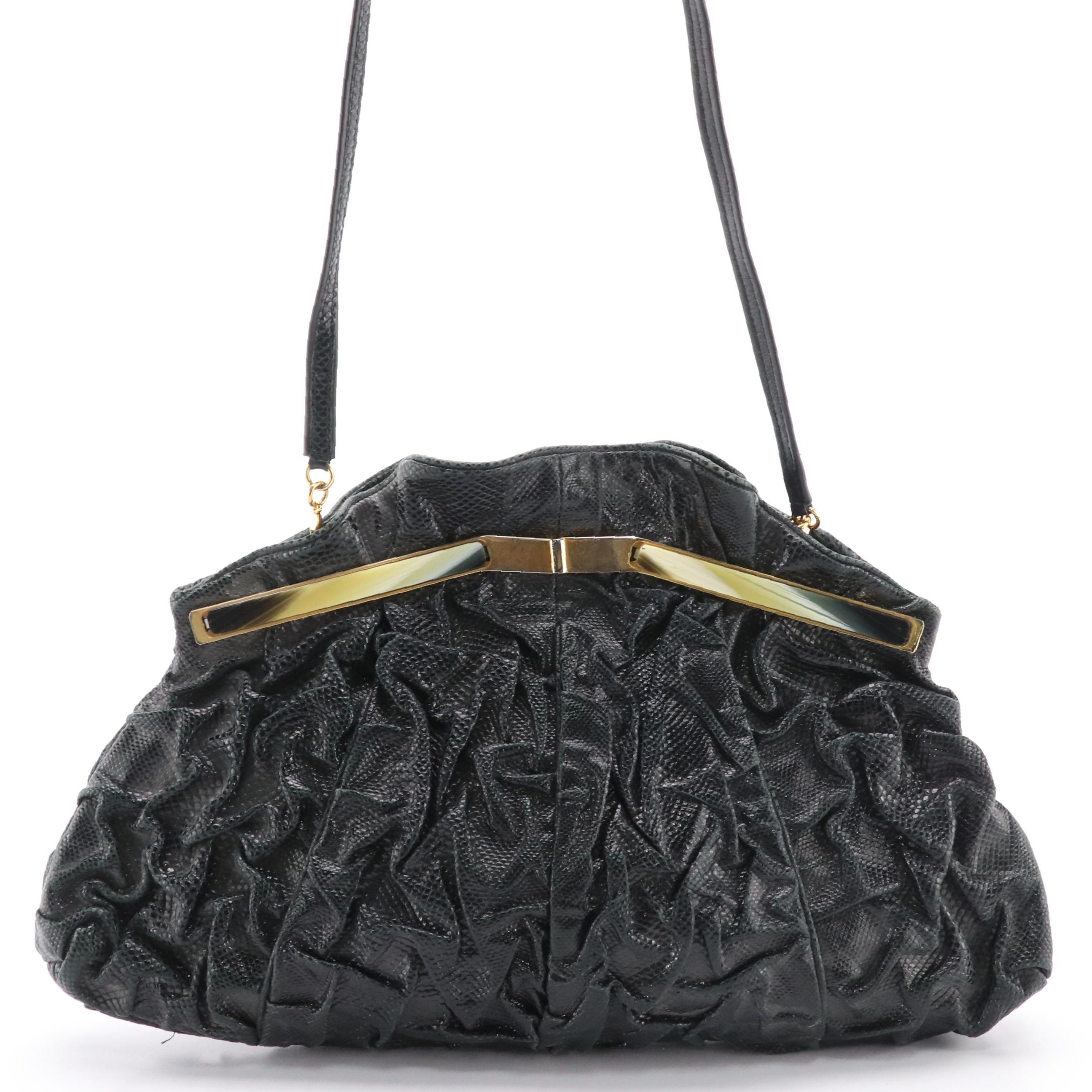 Carlo Fiori Crinkled Lizardskin Leather Clutch Bag with Horn Accented Frame