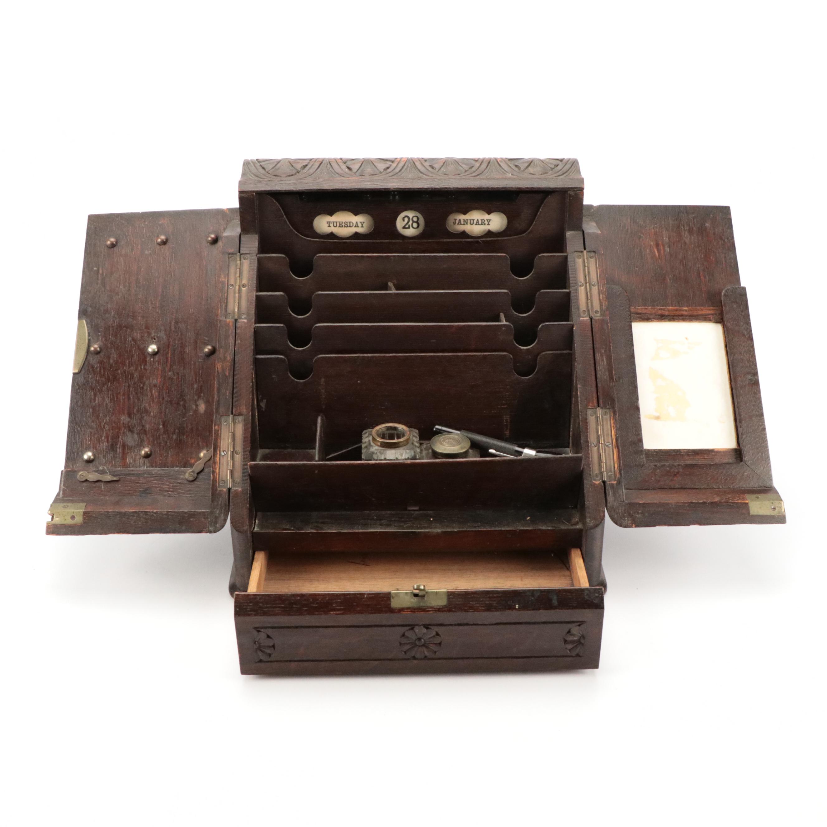 English Carved Mahogany Finished Wood Stationery Box