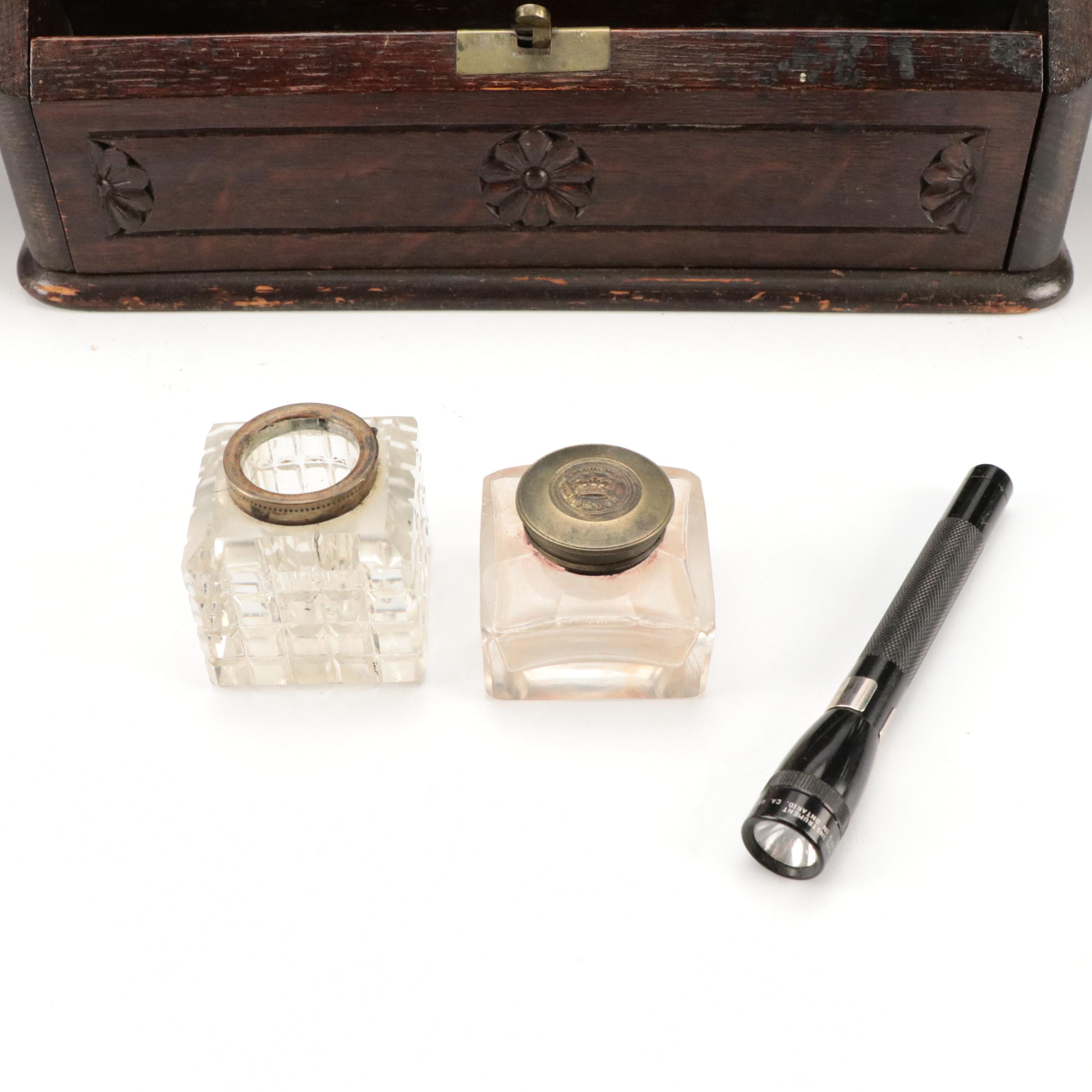 English Carved Mahogany Finished Wood Stationery Box