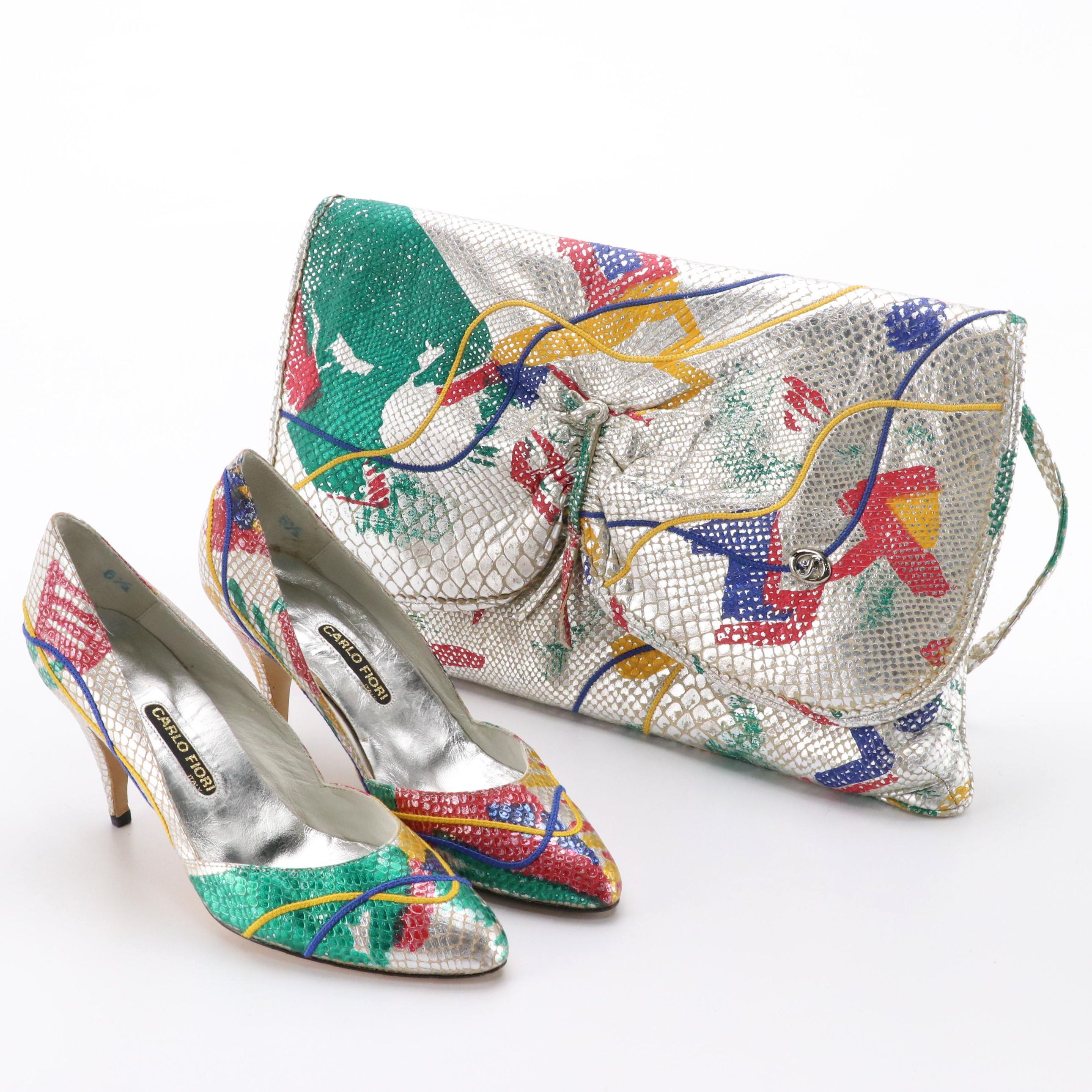 Carlo Fiori Abstract-Painted Silver Metallic Snakeskin Clutch & Matching Pumps