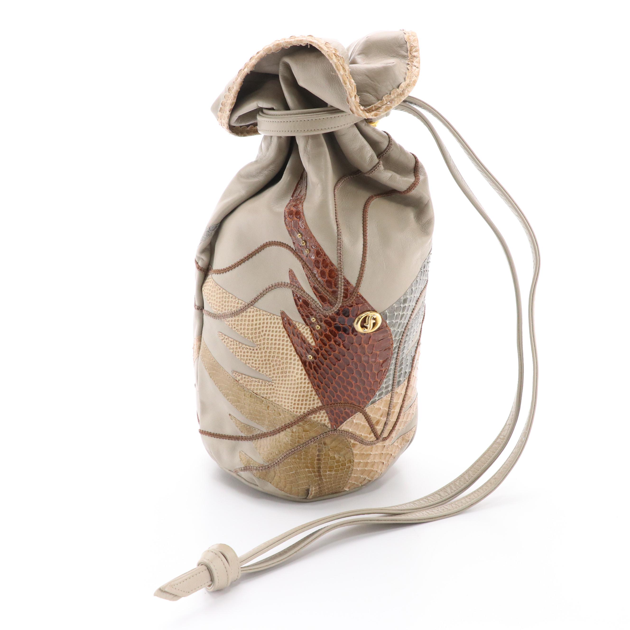 Carlo Fiori Reptile Skin/Leather Mosaic Bag and Embossed Leather Drawstring Bag