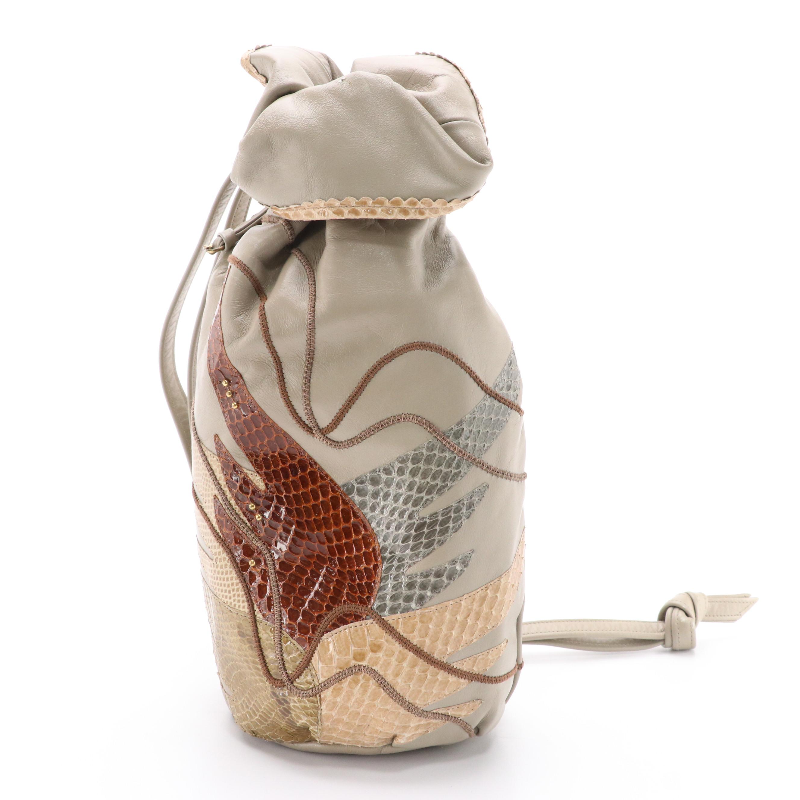 Carlo Fiori Reptile Skin/Leather Mosaic Bag and Embossed Leather Drawstring Bag