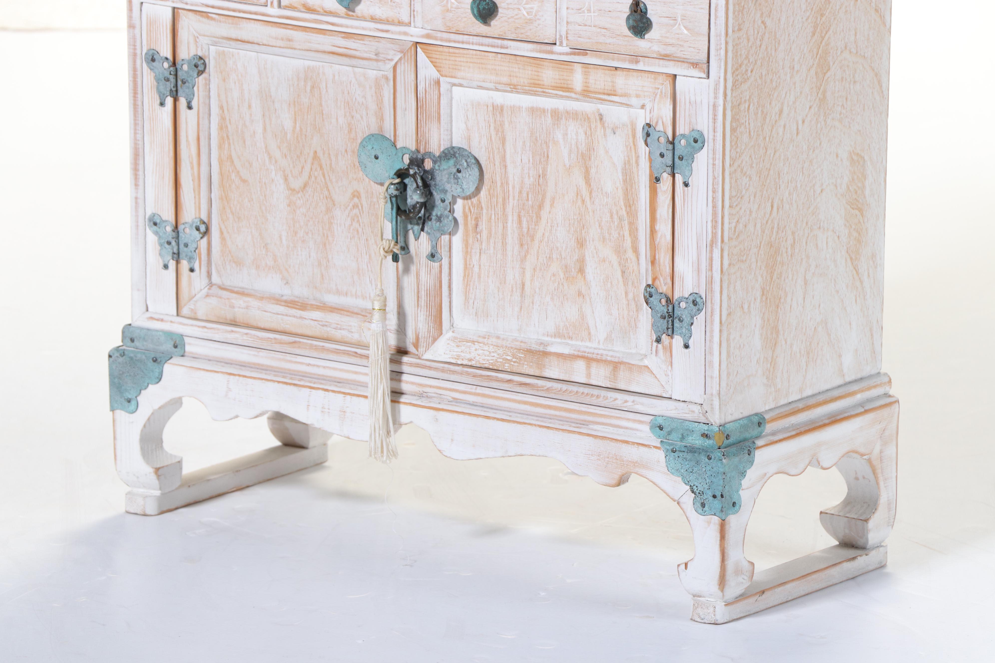 Korean Cerused Wood and Verdigris-Patinated Metal Apothecary Cabinet